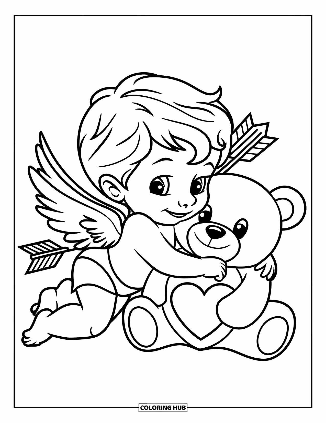 Cupid Coloring Page for Kids: Cupid hugs a teddy bear with a heart on its chest