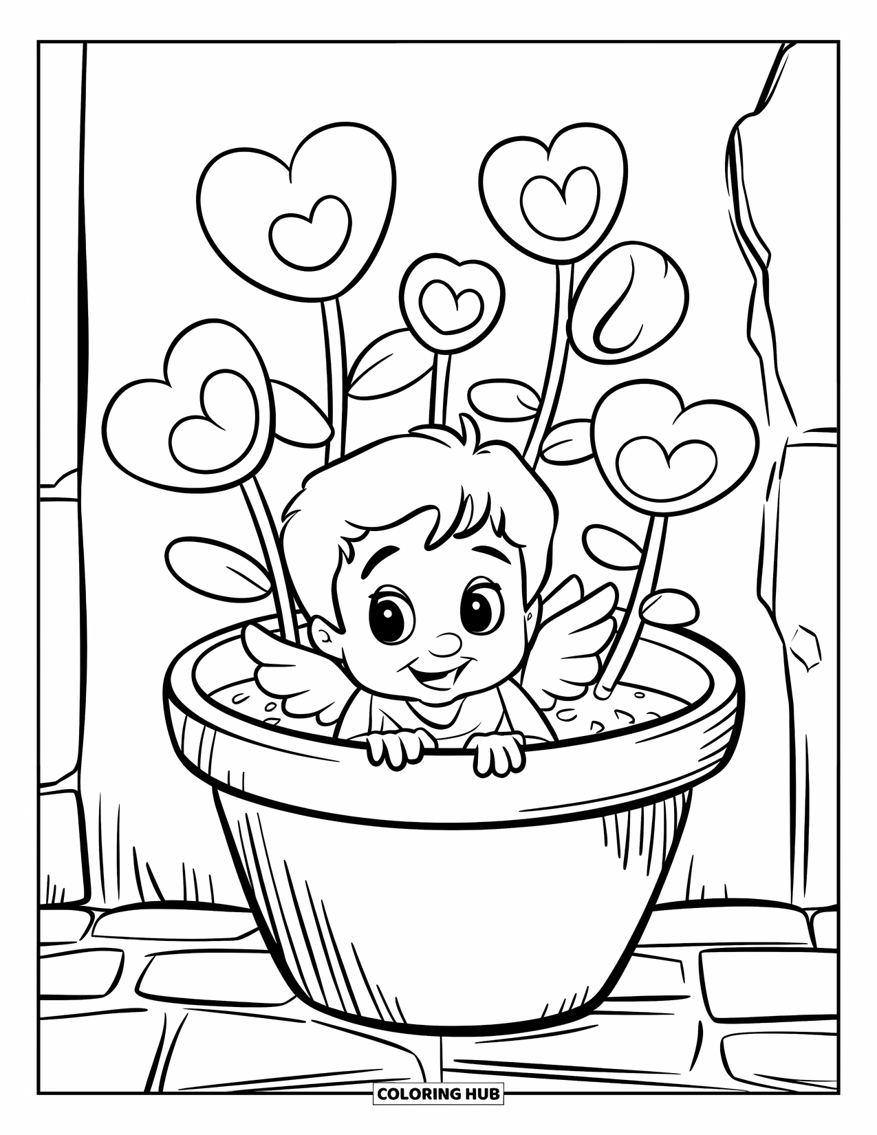 Cupid Coloring Page for Kids: Cupid peeks out from a flower pot of heart-shaped blooms on a stone base