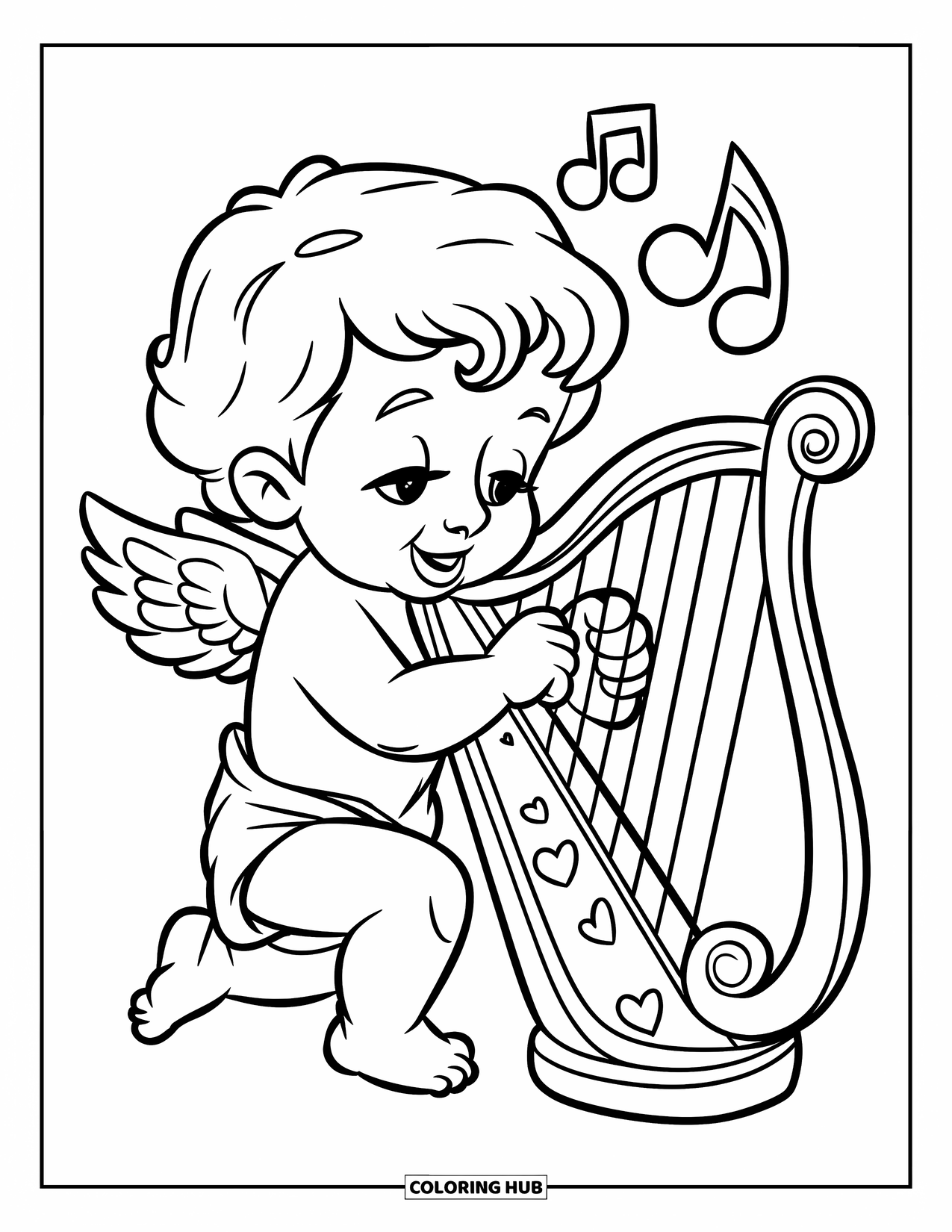 Cupid Coloring Page for Kids: Cupid plays a harp while heart-shaped notes drift through the air