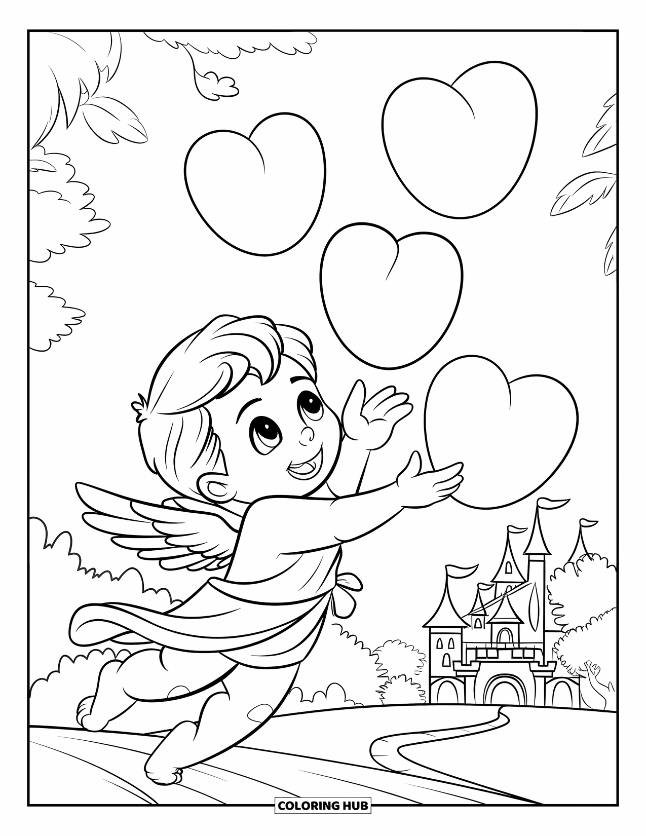 Cupid Coloring Page for Kids: Cupid releases glowing heart-shaped lanterns near a castle and trees
