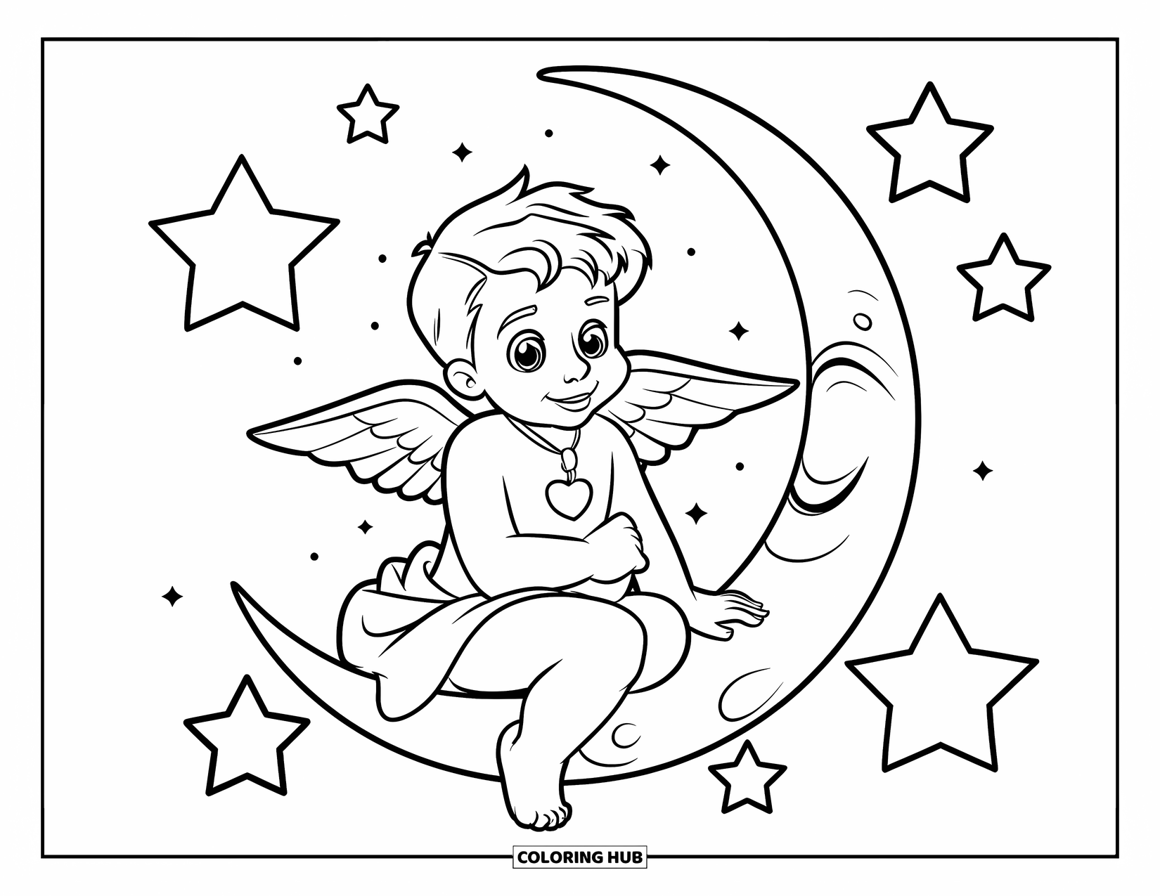 Cupid Coloring Page for Kids: Cupid rests on the moon among stars with a dangling heart charm