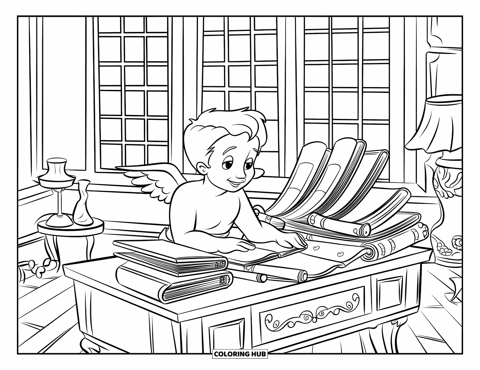 Cupid Coloring Page for Kids: Cupid sits at a desk near tall windows with books and scrolls
