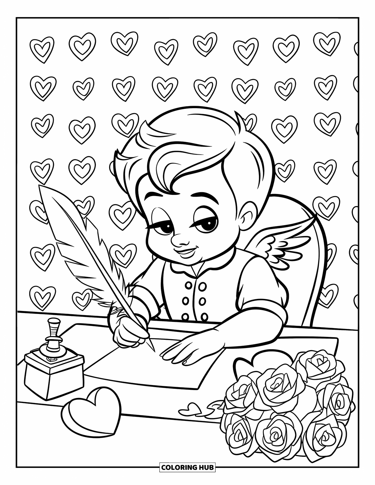 Cupid Coloring Page for Kids: Cupid sits at a desk, quill in hand, penning a love message