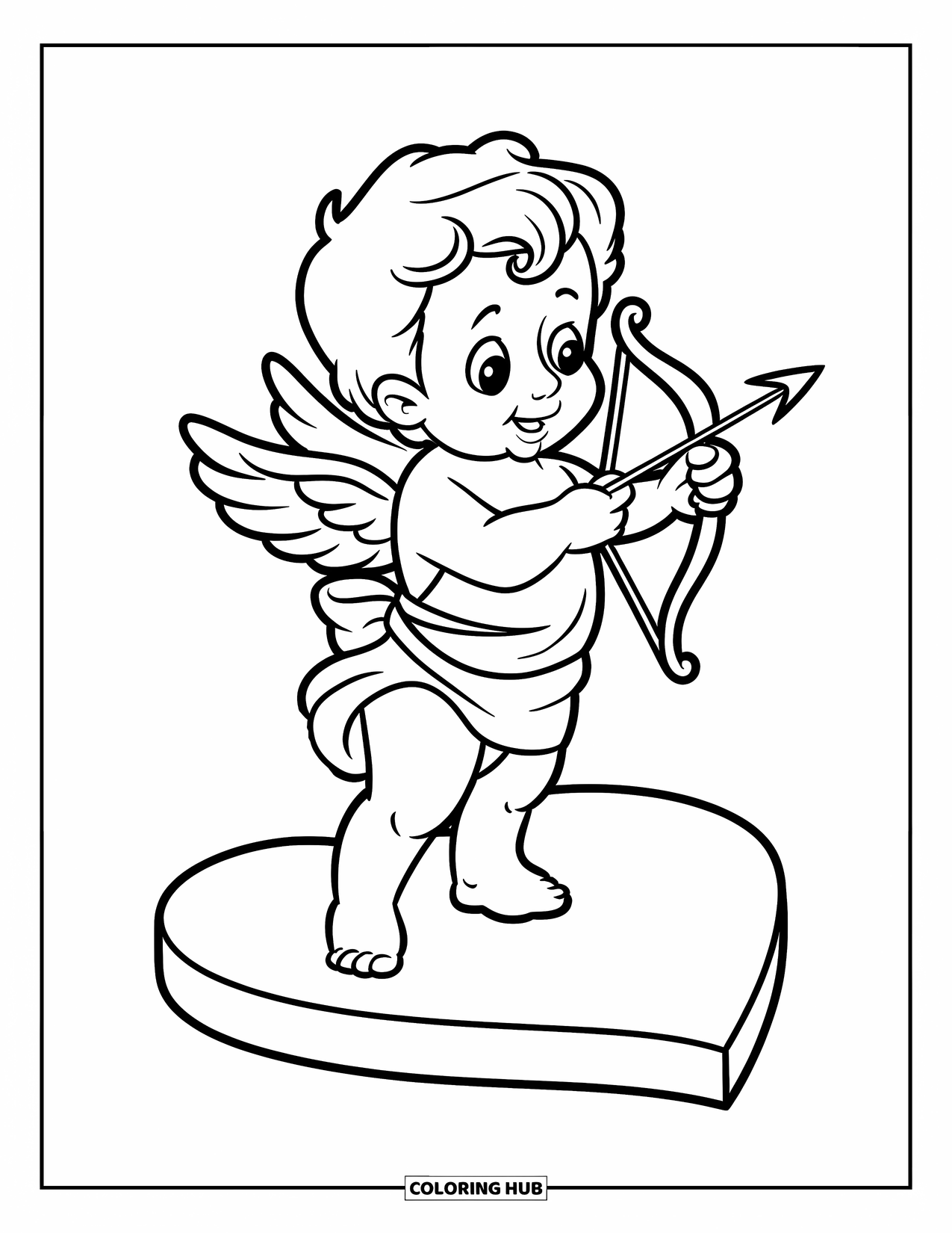 Cupid Coloring Page for Kids: Cupid stands on a heart platform holding a bow and arrow