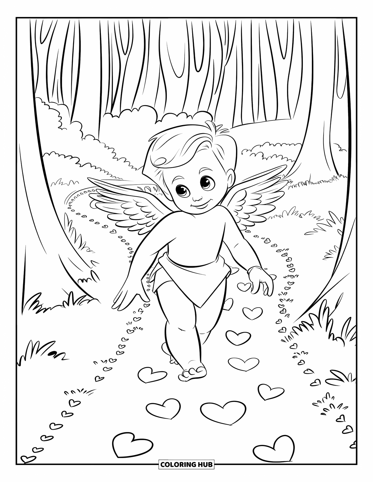 Cupid Coloring Page for Kids: Cupid strolls a forest path lined with heart carvings on trees