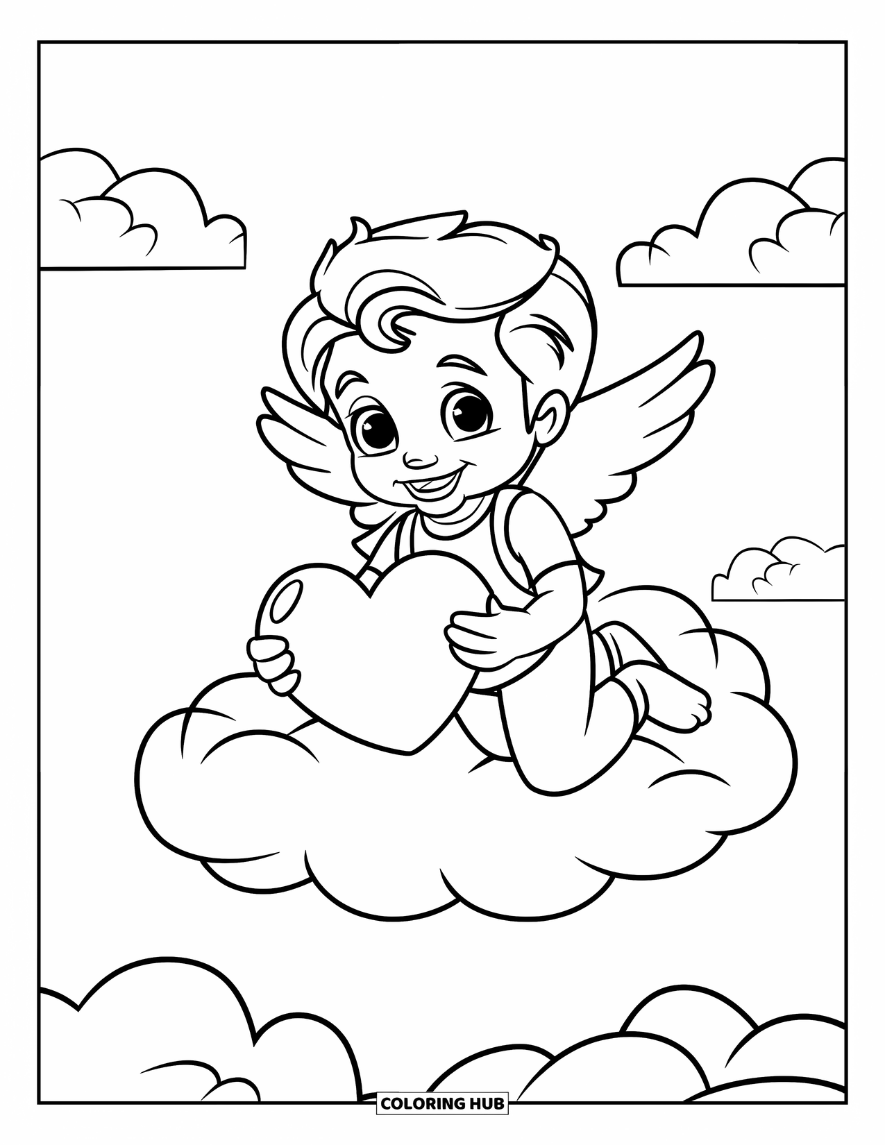 Cupid Coloring Page for Kids: Cupid with a vest holds a large heart while floating on a cloud