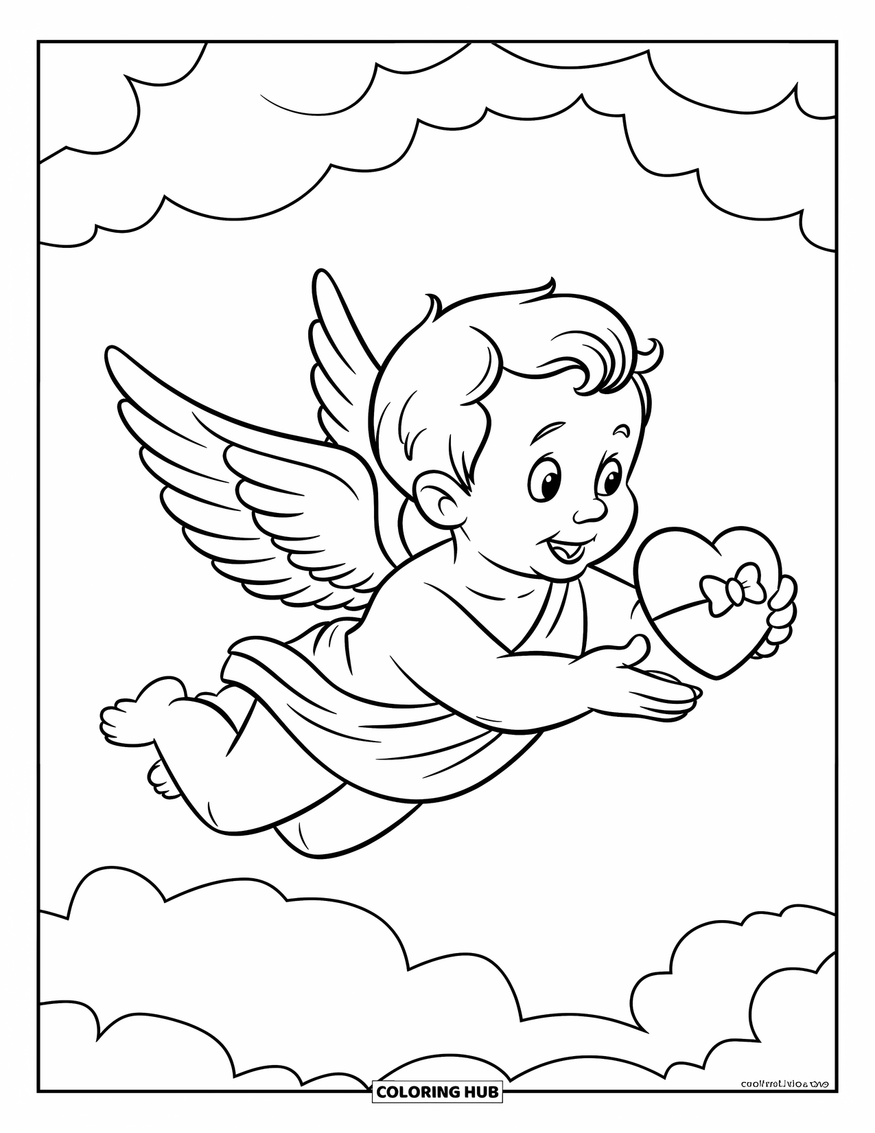 Cupid Coloring Page for Kids: Cupid with oversized wings flies carrying a tiny heart gift