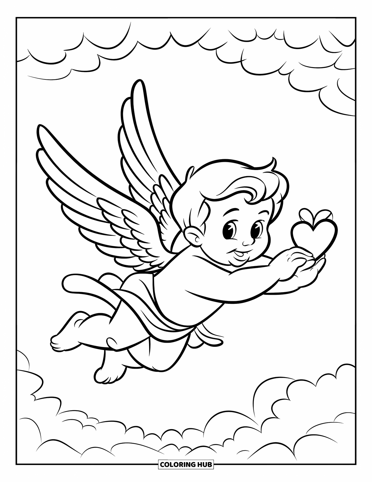 Cupid Coloring Page for Kids: Cupid with oversized wings flies clutching a small heart present