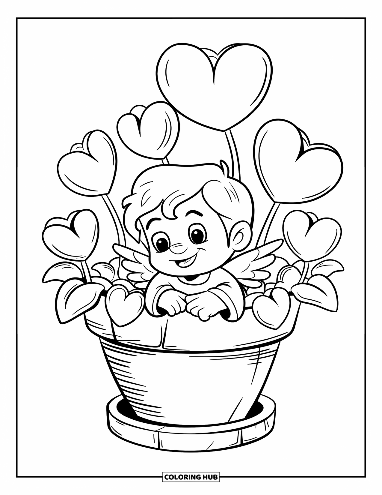 Cupid Coloring Page for Kids: Cupid with wings peeks from a pot filled with curled heart flowers