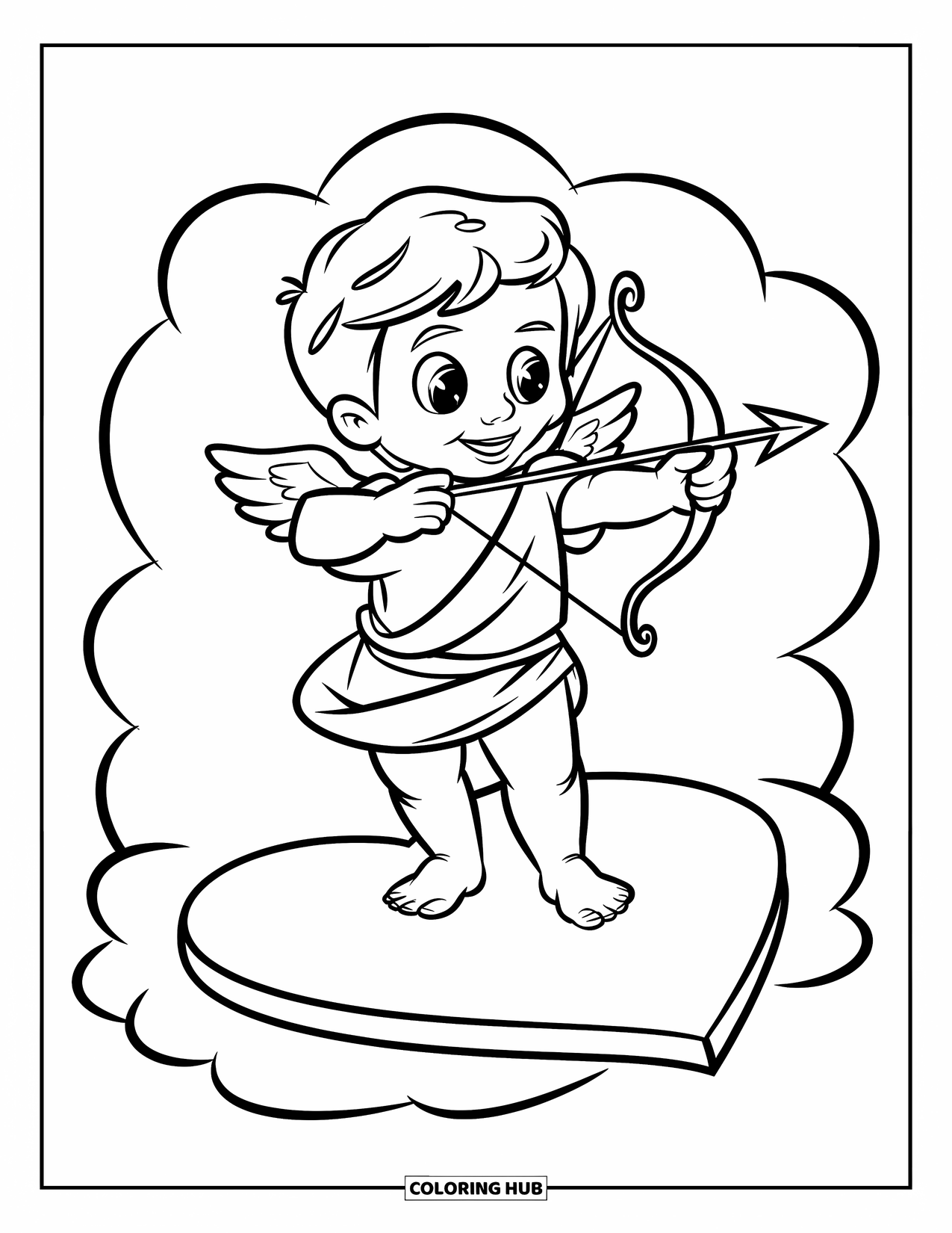 Cupid Coloring Page for Kids: Cupid with wings stands on a heart platform over a cloud