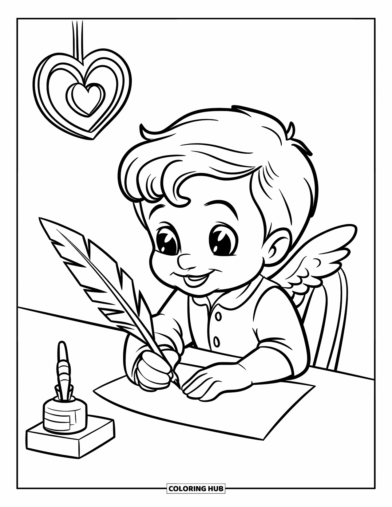Cupid Coloring Page for Kids: Cupid writes a Valentineís note at a small desk with quill and ink