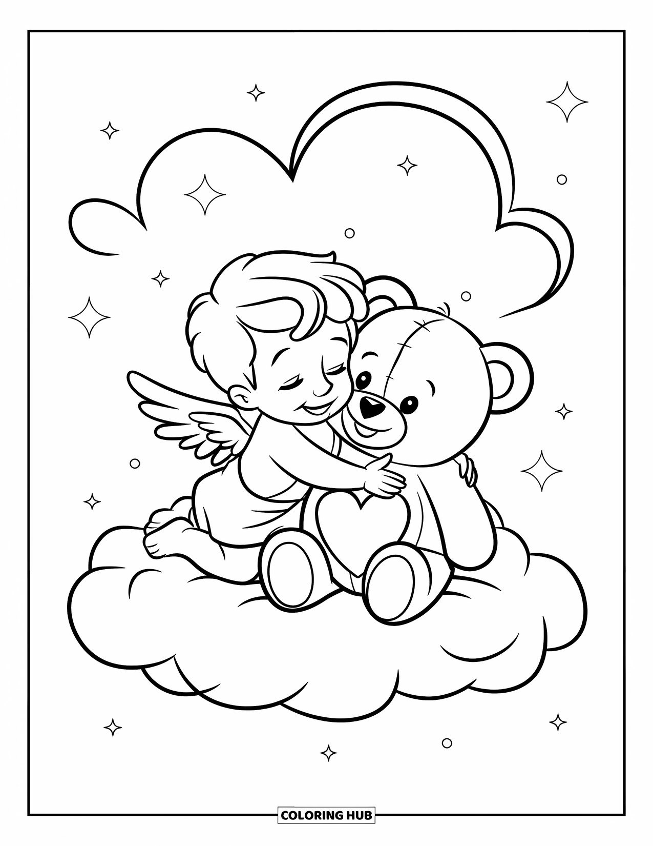 Cupid Coloring Page for Kids: Little Cupid hugs a teddy bear with a heart on its chest atop a cloud