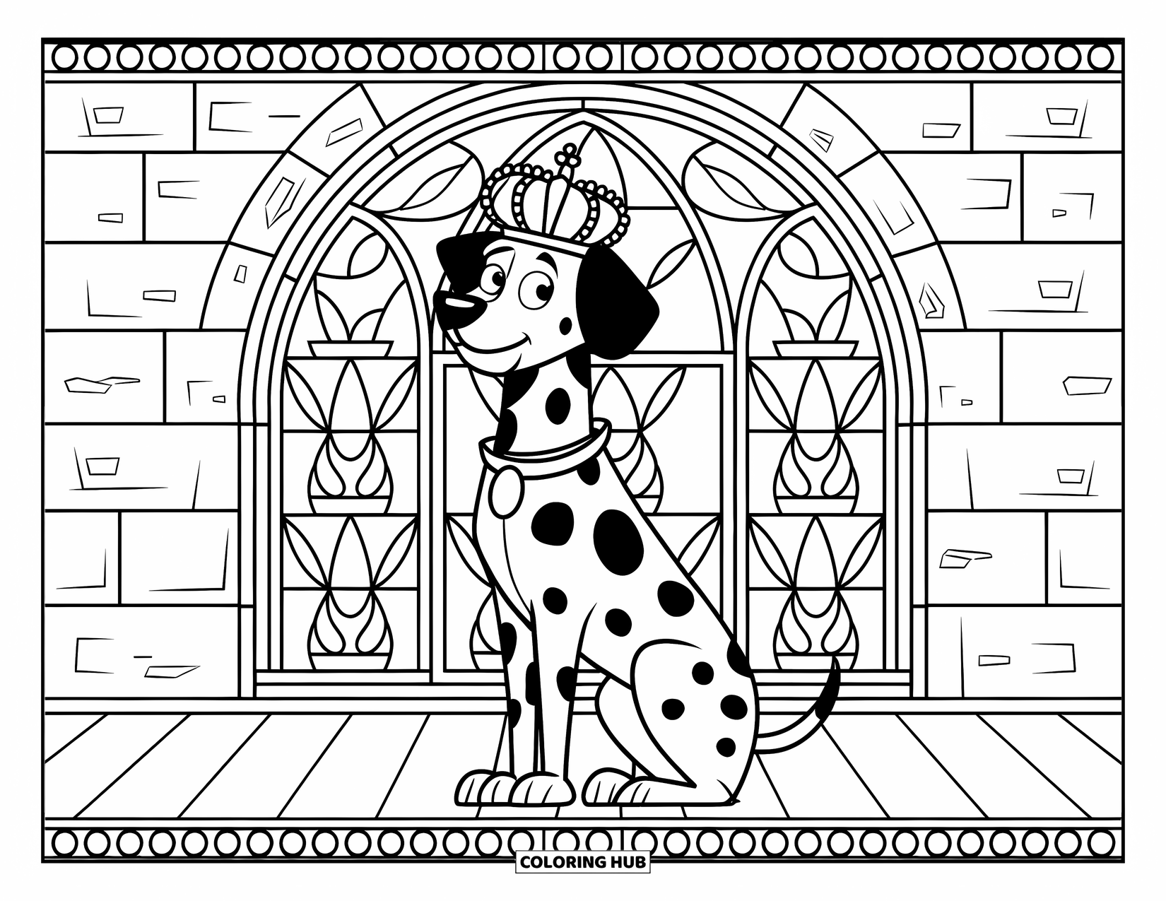 Dalmatian Coloring Page for Adults: A crowned dalmatian sits proudly in a medieval room with a checkered floor