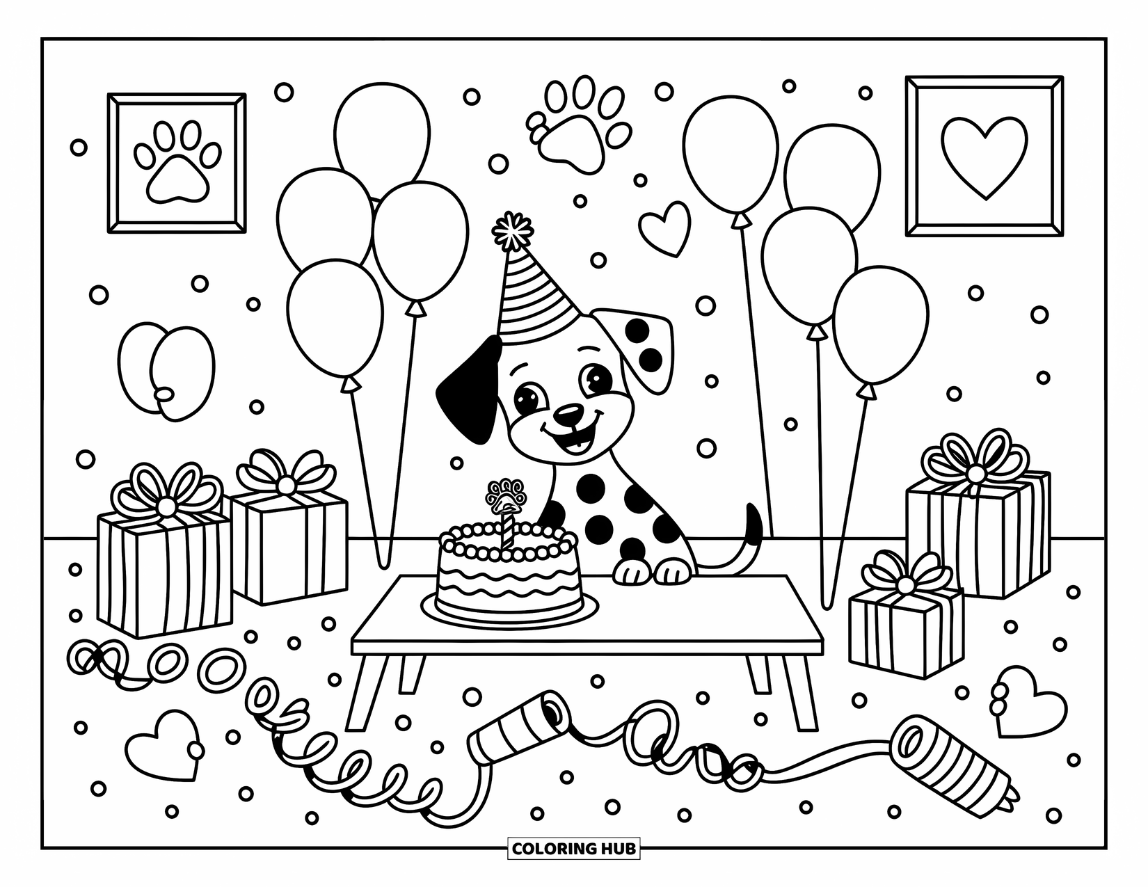 Dalmatian Coloring Page for Adults: A dalmatian celebrates joyfully with balloons, cake, and a banner