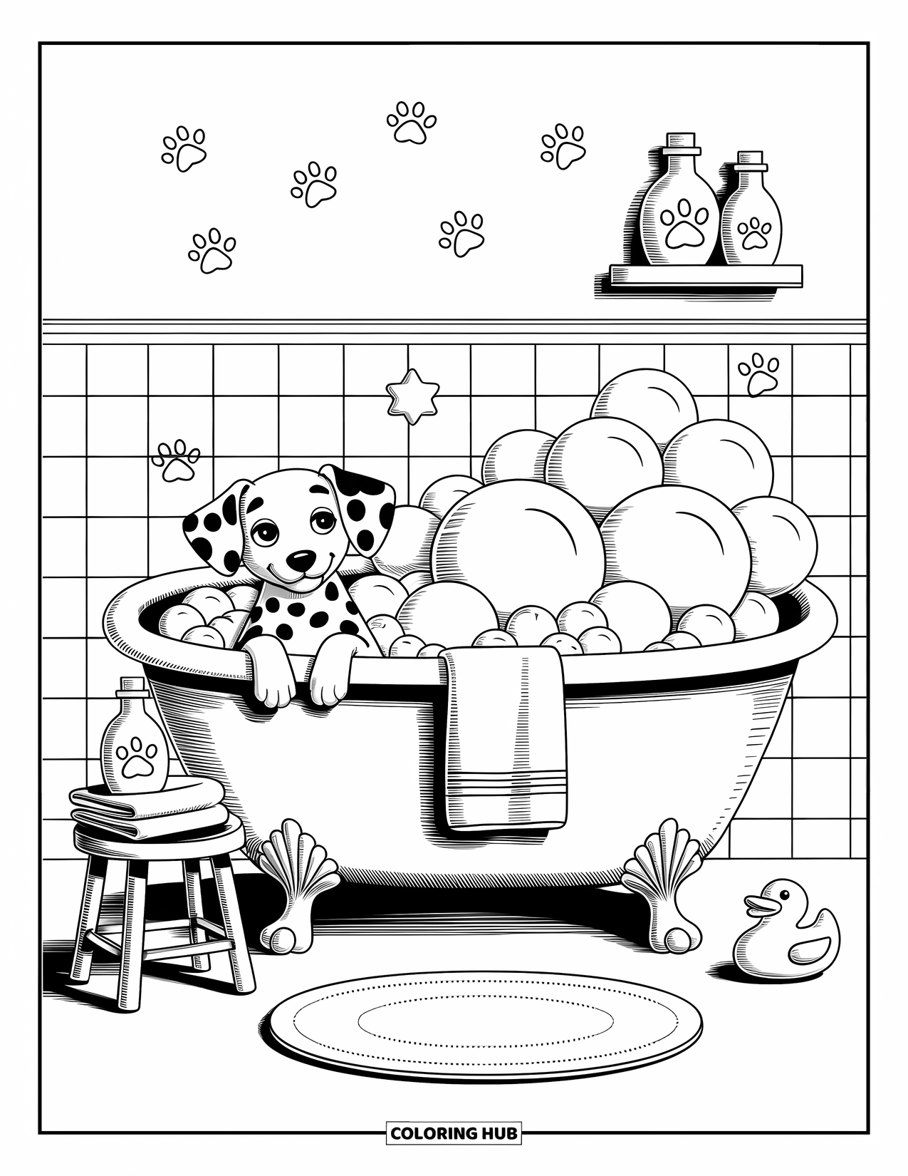 Dalmatian Coloring Page for Adults: A dalmatian enjoys a bath surrounded by soap bubbles and a rubber duck