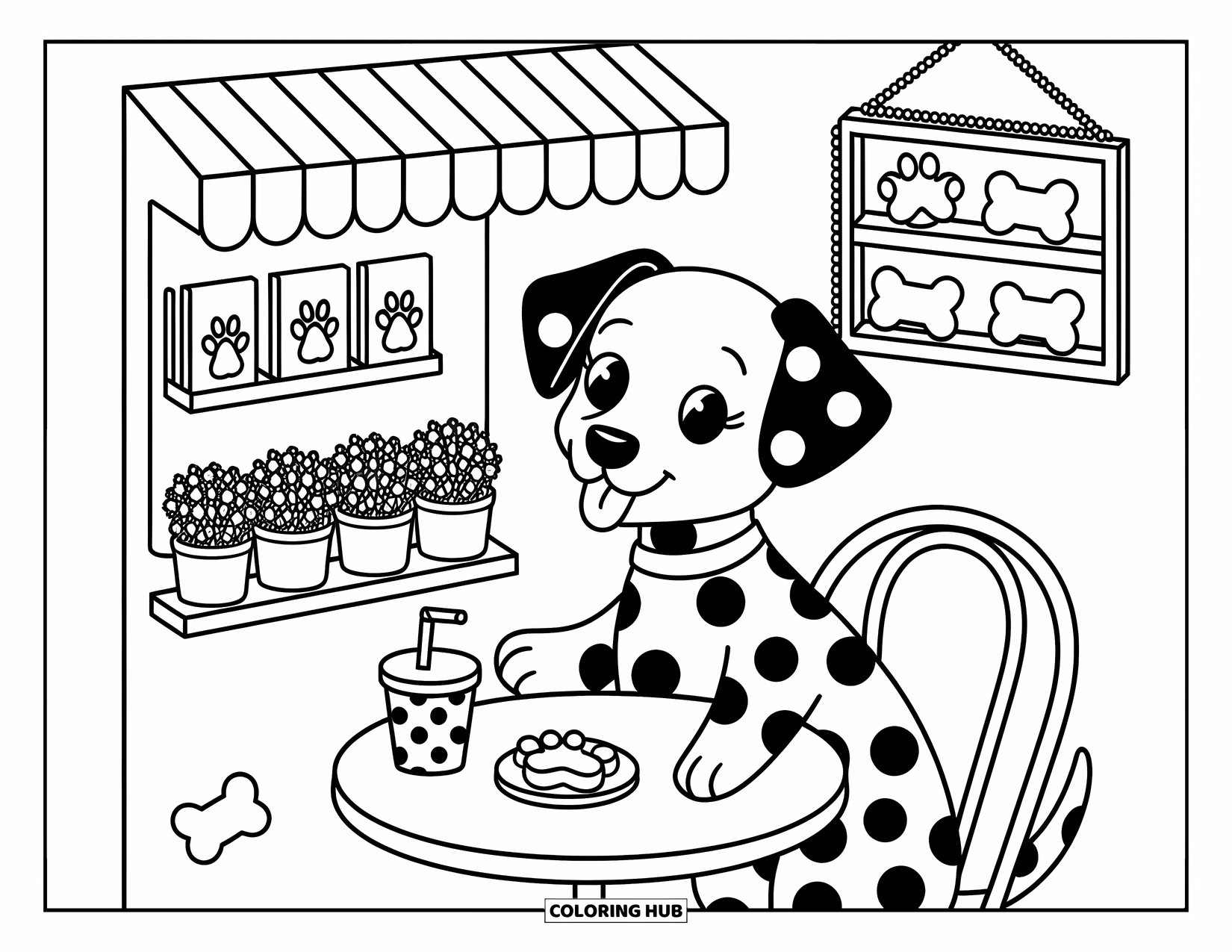 Dalmatian Coloring Page for Adults: A dalmatian enjoys a biscuit and drink at a cozy cafÈ table