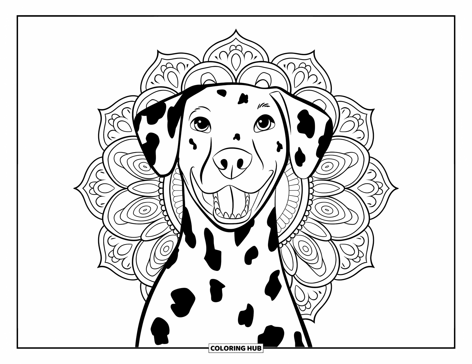 Dalmatian Coloring Page for Adults: A dalmatian portrait shows teeth against a backdrop of spiral mandala shapes