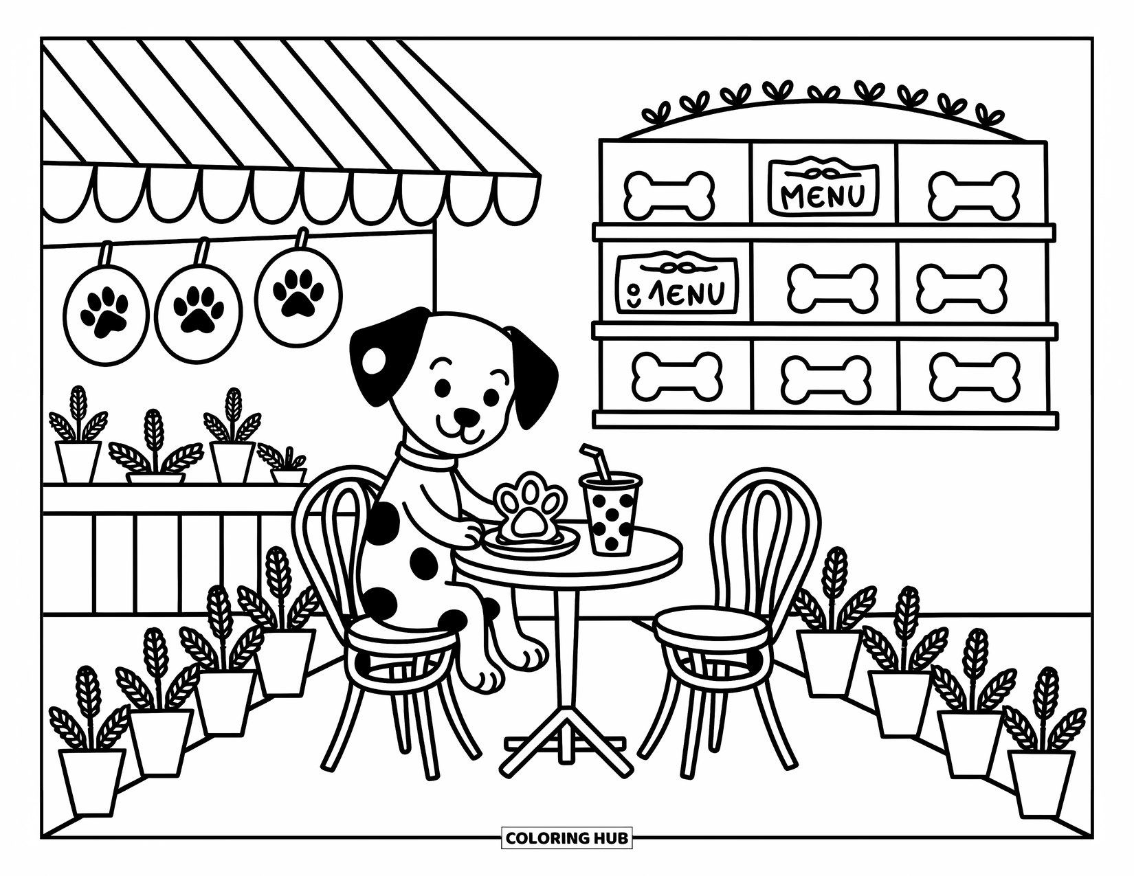 Dalmatian Coloring Page for Adults: A dalmatian rests at a cafÈ table with treats and playful decorations