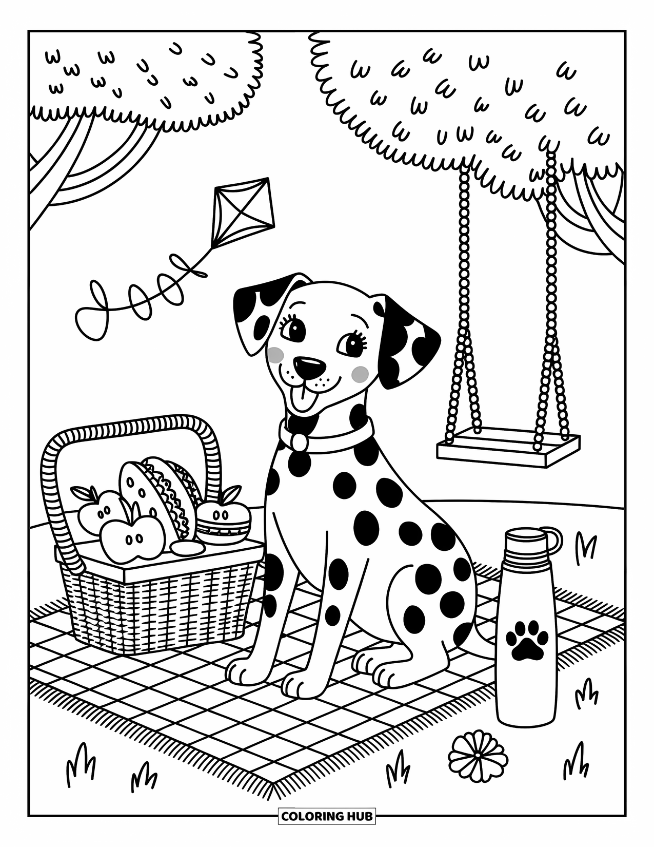 Dalmatian Coloring Page for Adults: A dalmatian rests at a picnic under shady trees and a swing