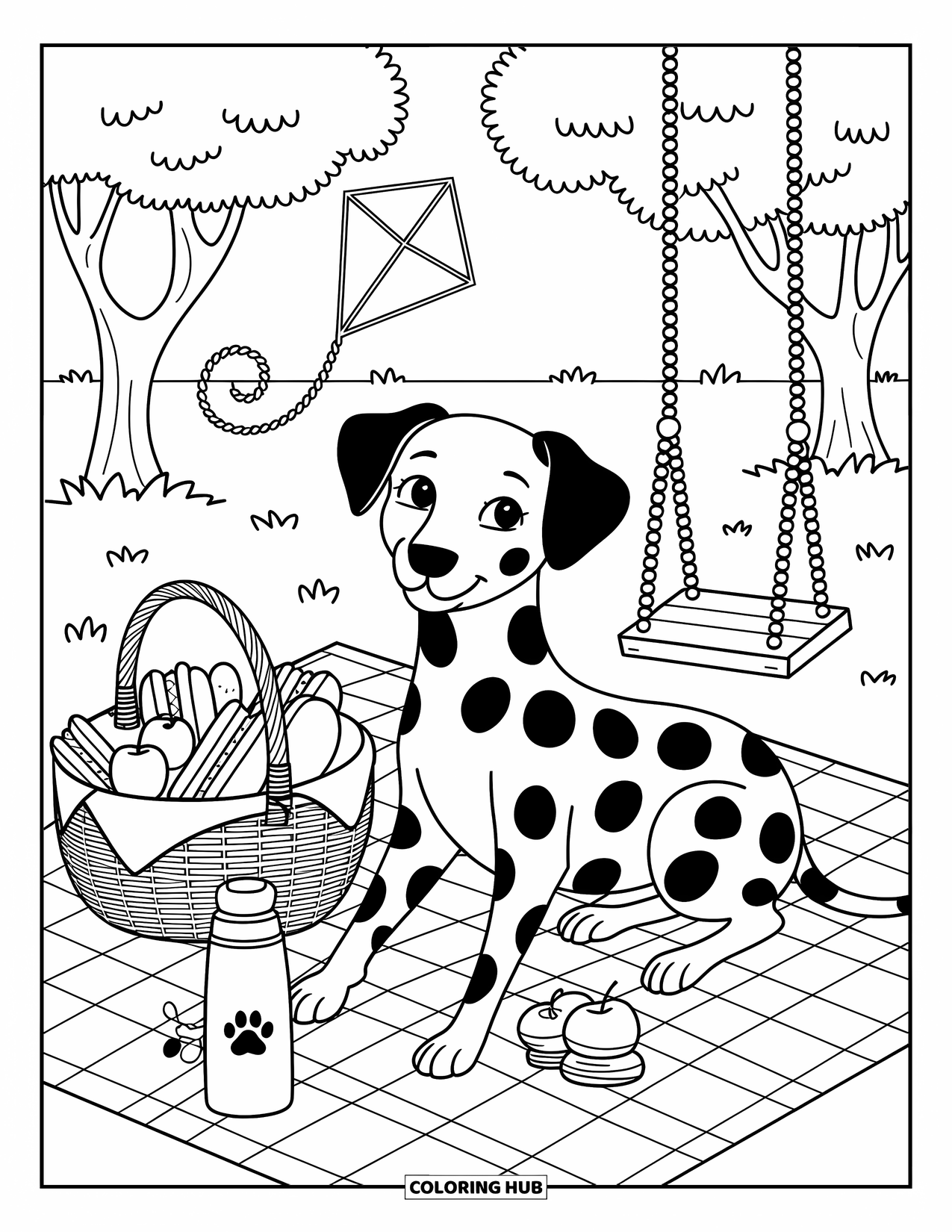 Dalmatian Coloring Page for Adults: A dalmatian sits on a blanket with a basket of food nearby