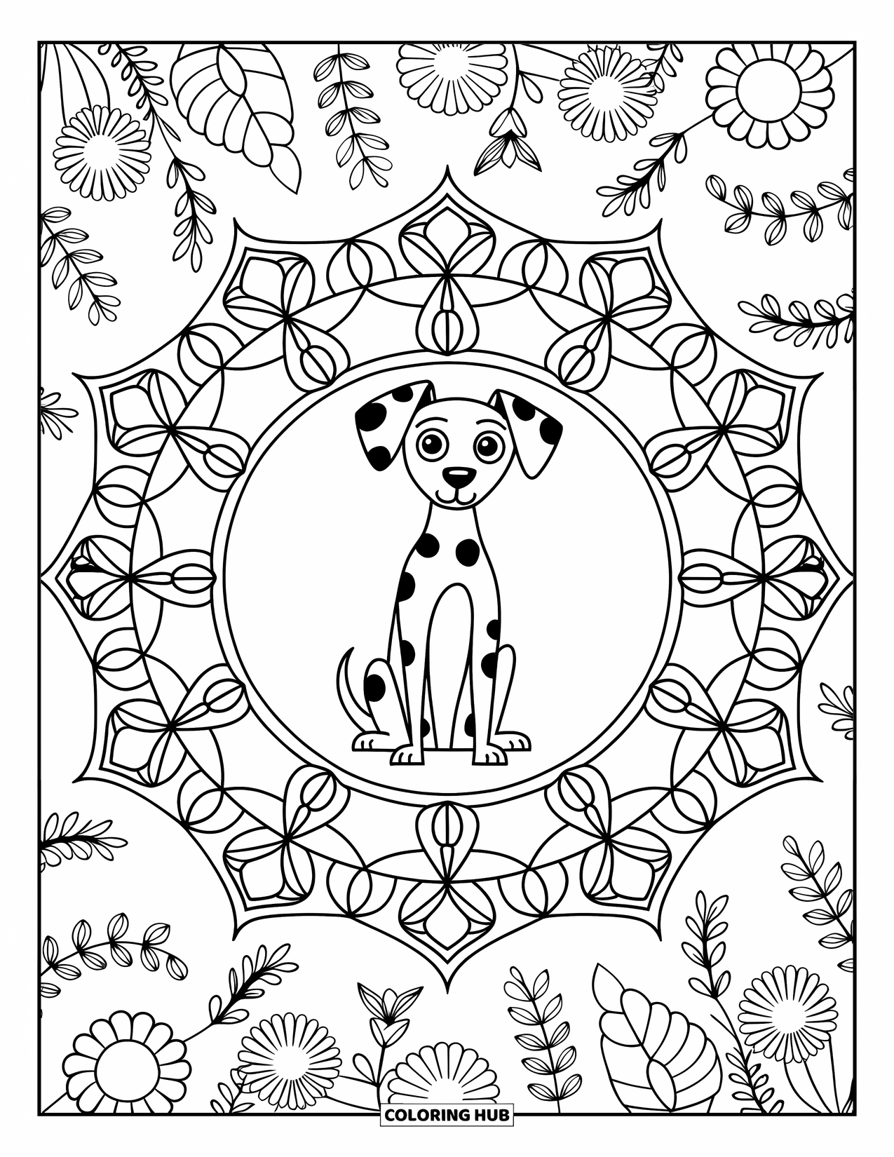 Dalmatian Coloring Page for Adults: A dalmatian sits peacefully at the heart of a floral mandala
