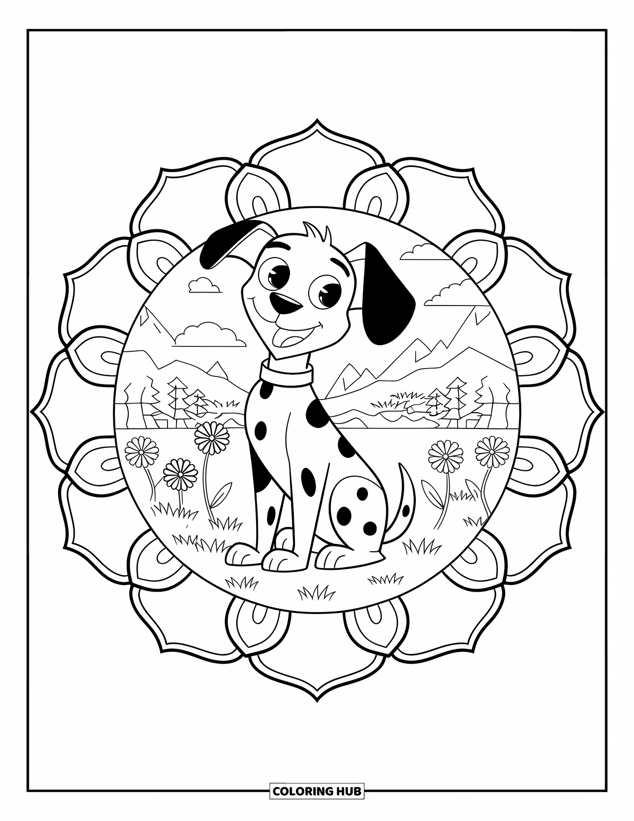 Dalmatian Coloring Page for Adults: A playful dalmatian sits in grass surrounded by flowers and mandala petals
