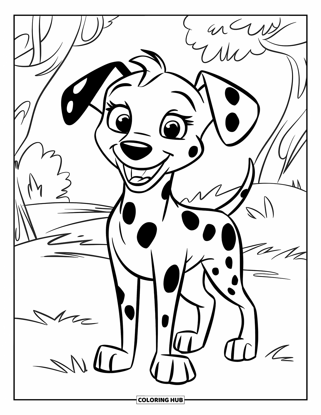 Dalmatian Coloring Page for Kids: A cheerful dalmatian with a wagging tail stands in the grass