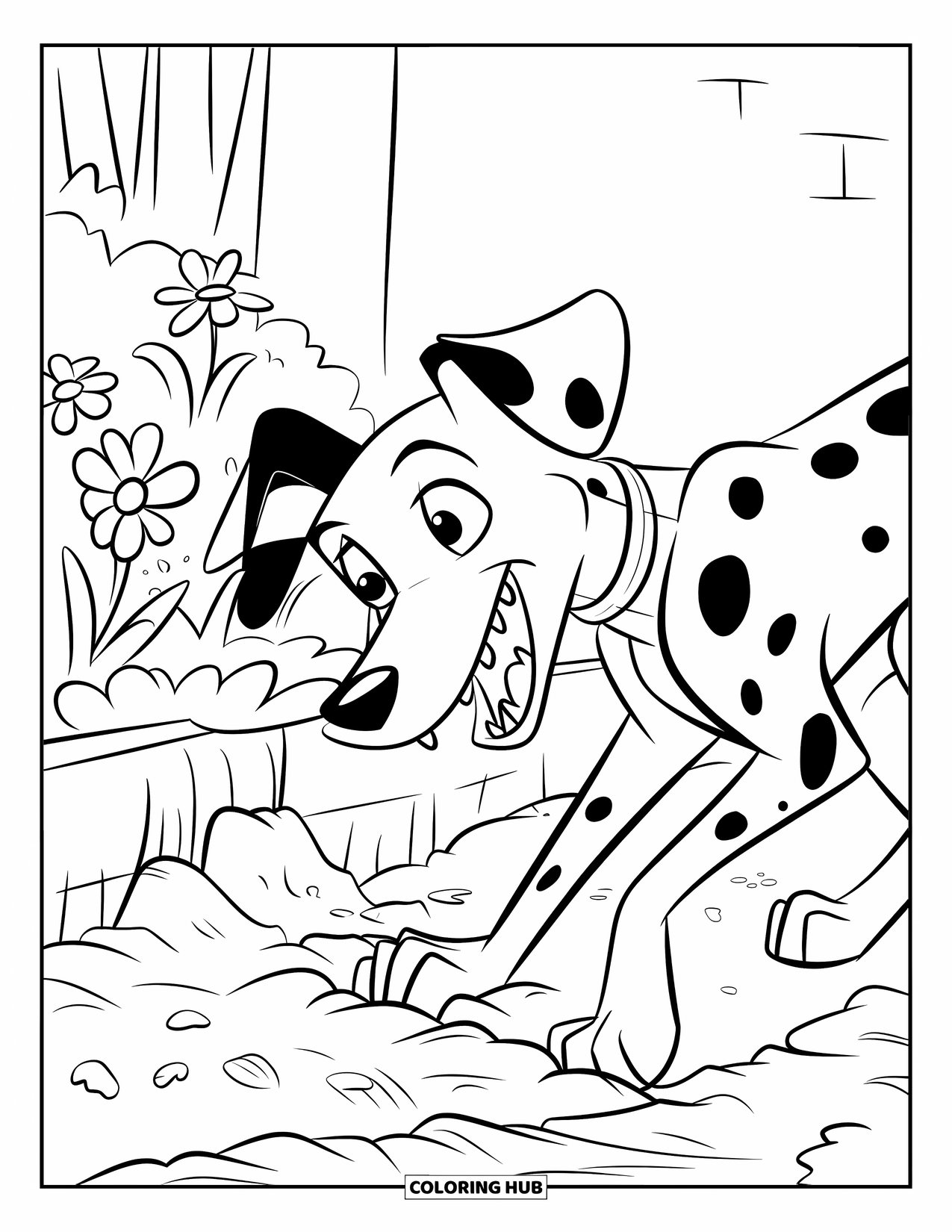 Dalmatian Coloring Page for Kids: A dalmatian digs excitedly beside flowers and loose soil
