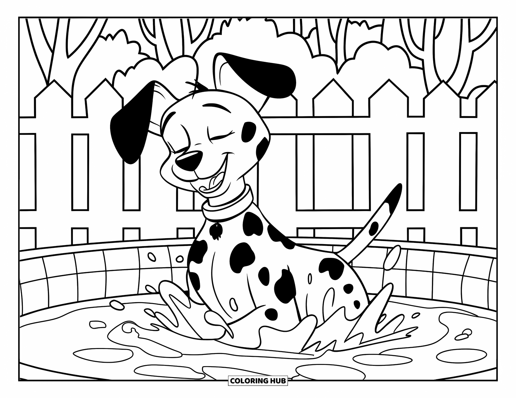Dalmatian Coloring Page for Kids: A dalmatian happily splashes water while standing in a kiddie pool