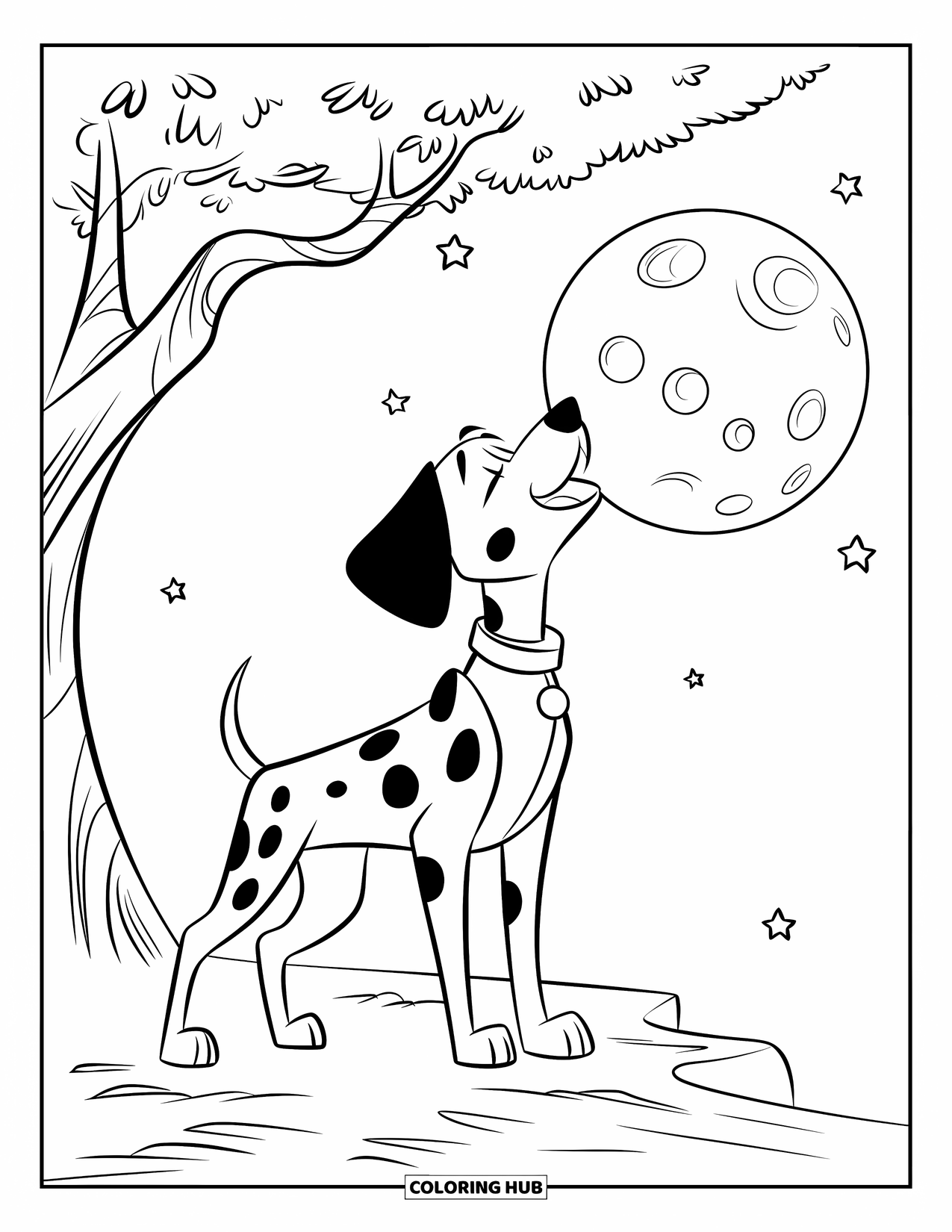 Dalmatian Coloring Page for Kids: A dalmatian howls at the moon while standing under a tree at night