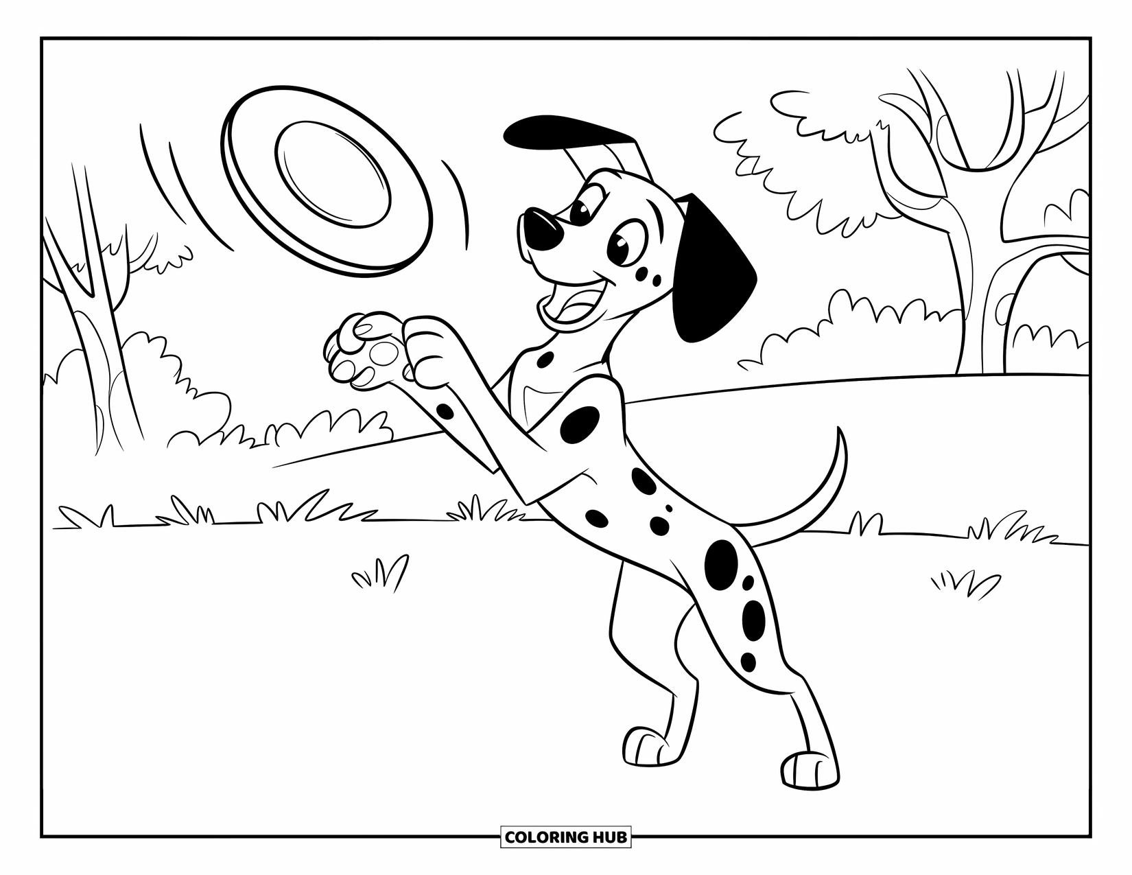 Dalmatian Coloring Page for Kids: A dalmatian jumps high to catch a frisbee in a grassy field