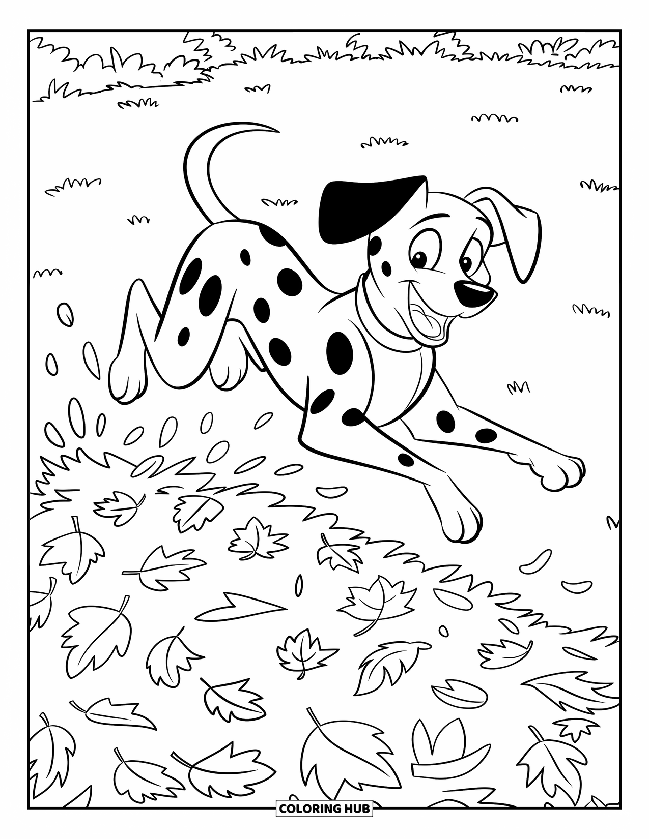 Dalmatian Coloring Page for Kids: A dalmatian leaps into a fluffy pile of leaves on a lawn