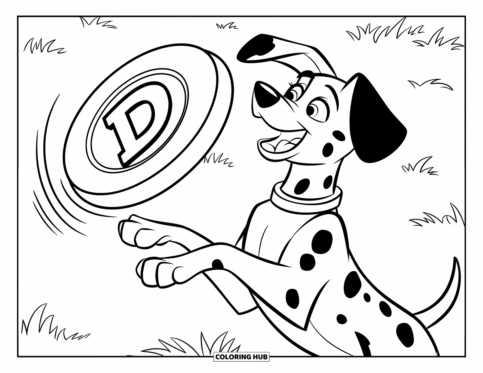 Dalmatian Coloring Page for Kids: A dalmatian leaps to grab a frisbee marked with a big "D"