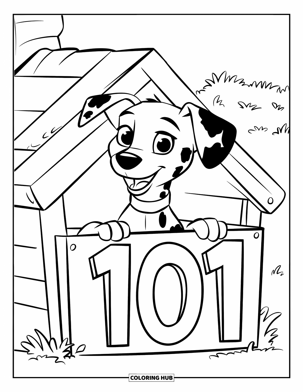 Dalmatian Coloring Page for Kids: A dalmatian peeks out happily from a doghouse labeled "101"