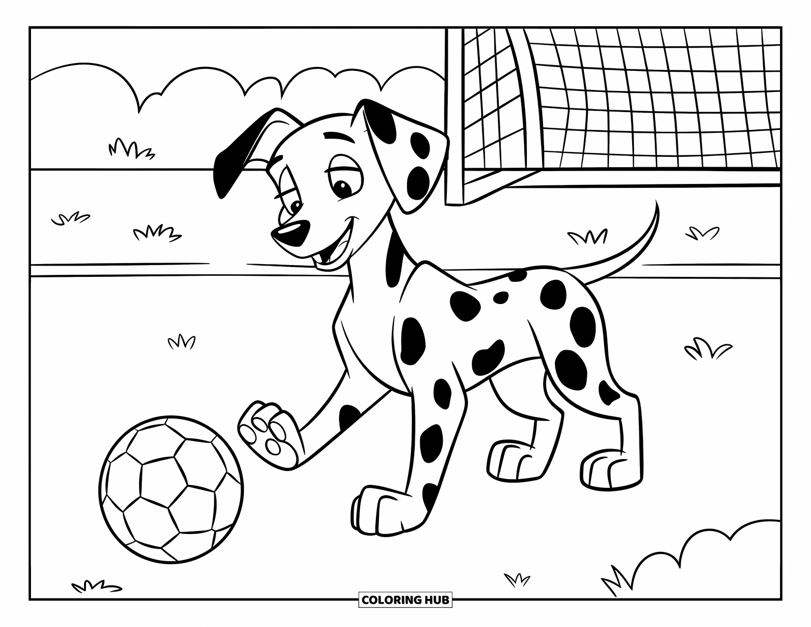 Dalmatian Coloring Page for Kids: A dalmatian plays with a soccer ball on a grassy field with goalposts
