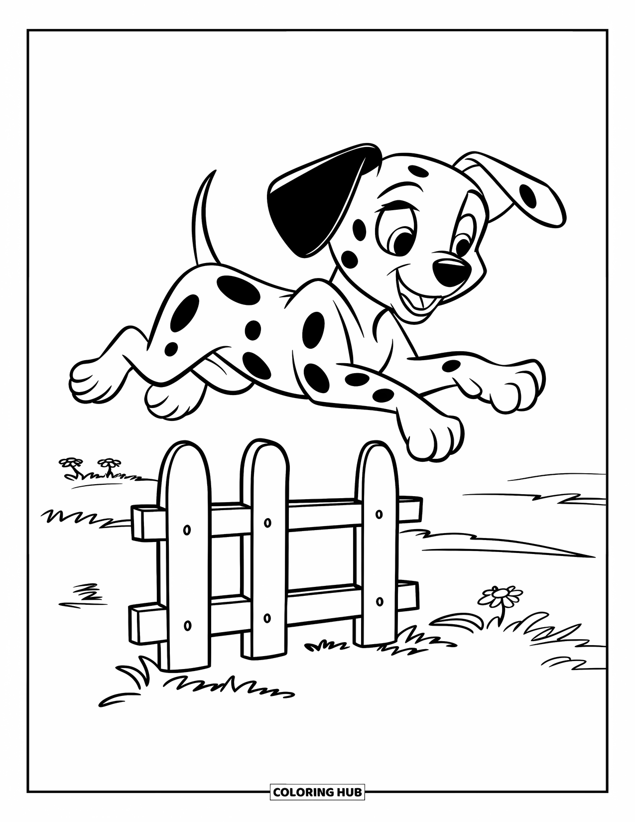 Dalmatian Coloring Page for Kids: A dalmatian puppy flies over a short fence in a grassy field