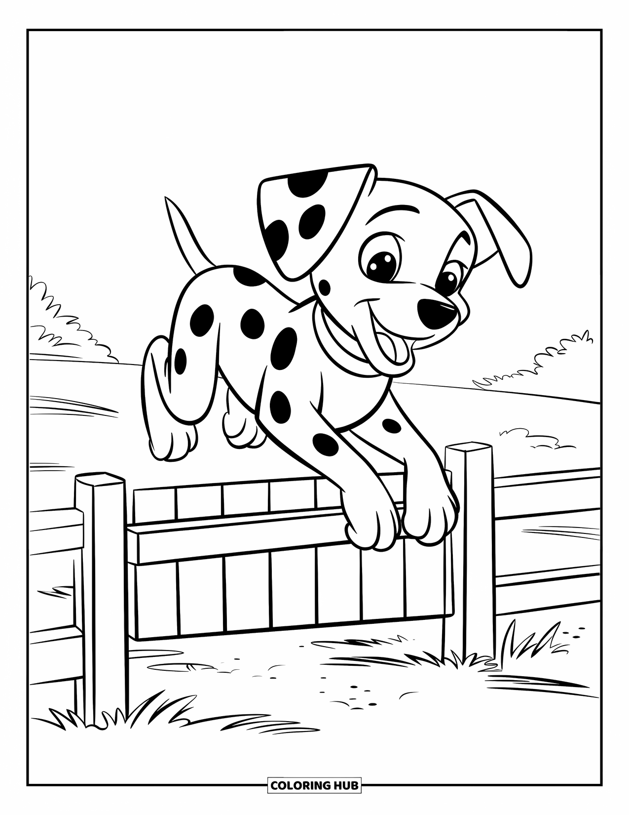 Dalmatian Coloring Page for Kids: A dalmatian puppy leaps mid-air over a short field fence
