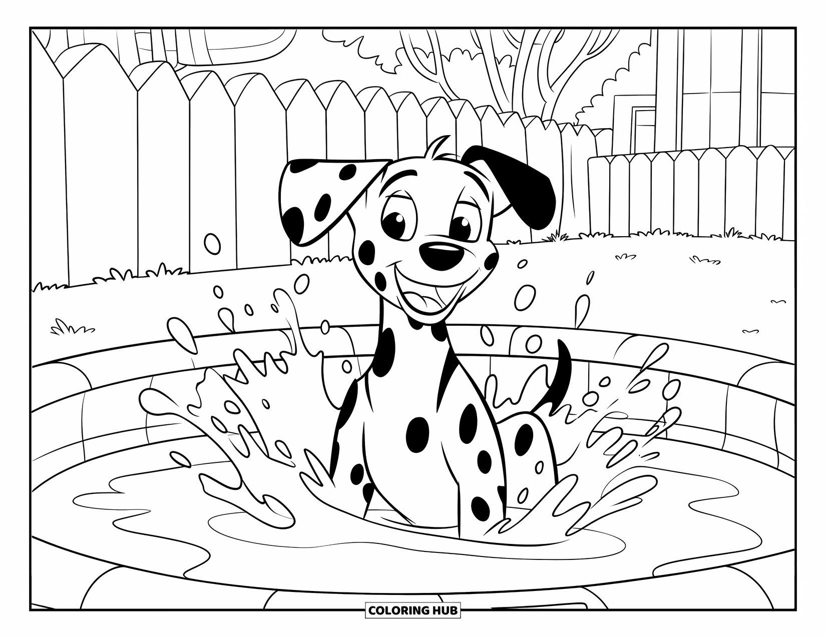 Dalmatian Coloring Page for Kids: A dalmatian splashes with joy inside a kiddie pool near trees
