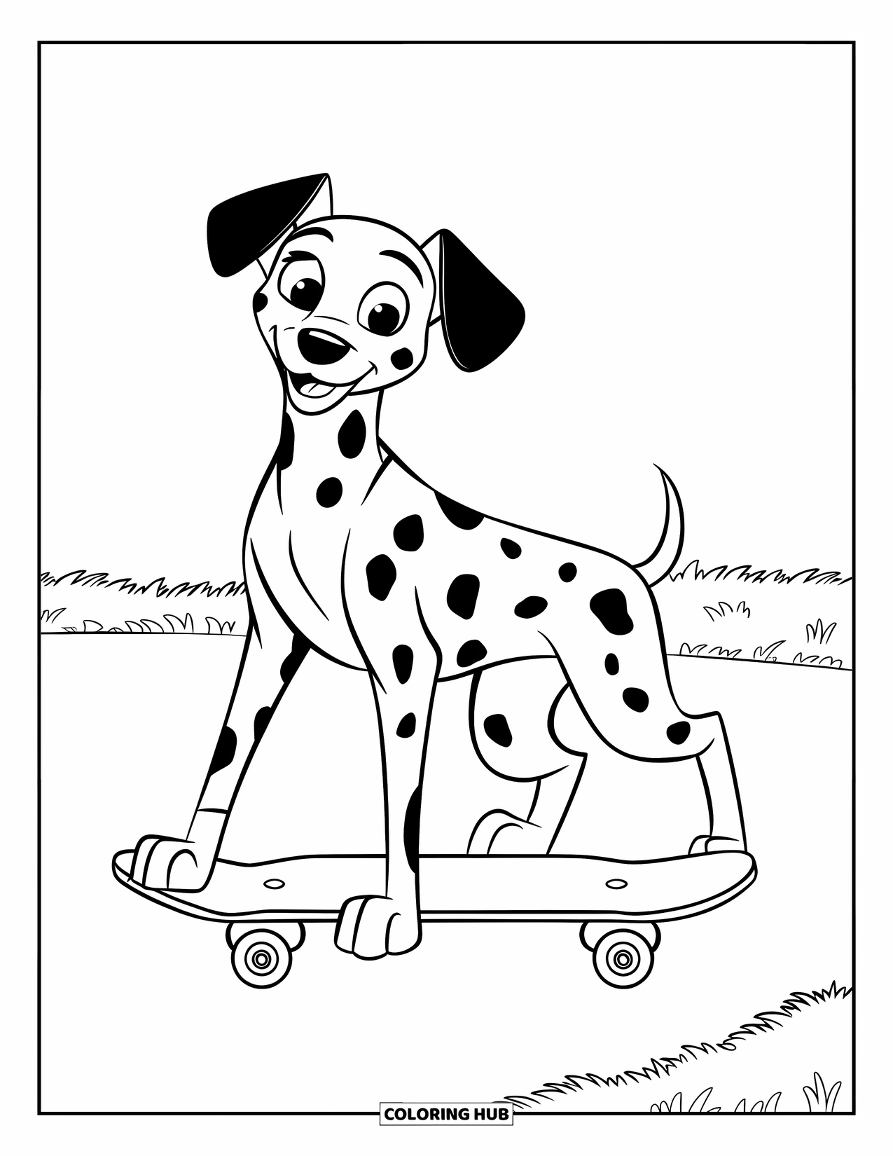 Dalmatian Coloring Page for Kids: A dalmatian stands near a skateboard in a grassy area