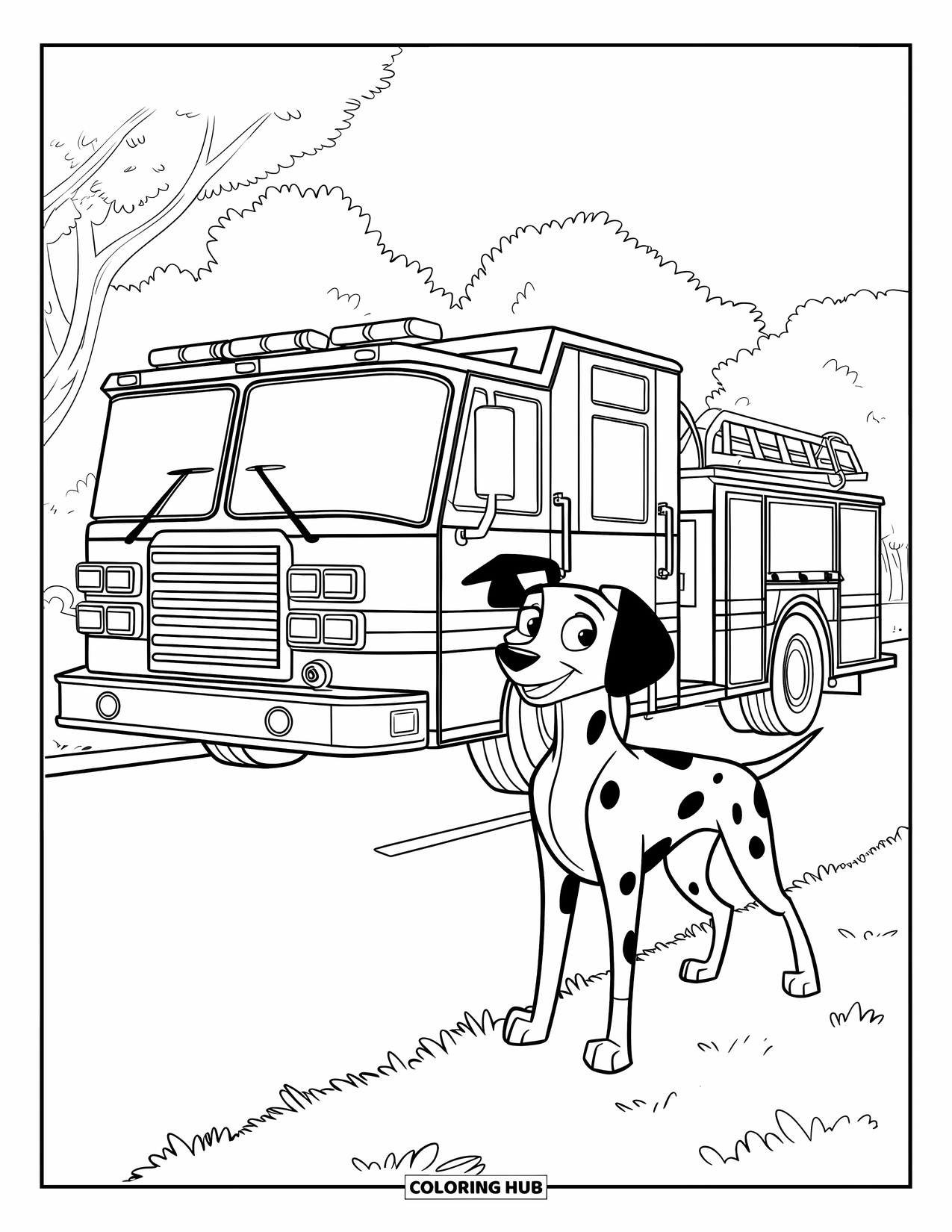 Dalmatian Coloring Page for Kids: A dalmatian stands proudly beside a fire truck in the park
