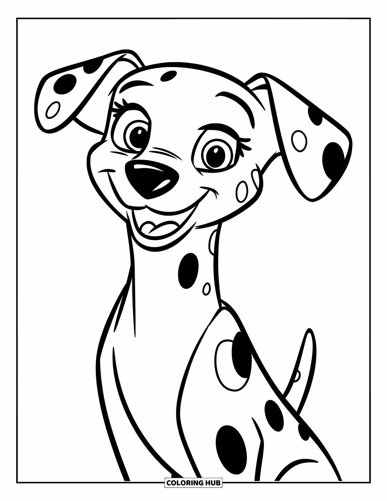 Dalmatian Coloring Page for Kids: A dalmatian with floppy ears smiles with big round eyes