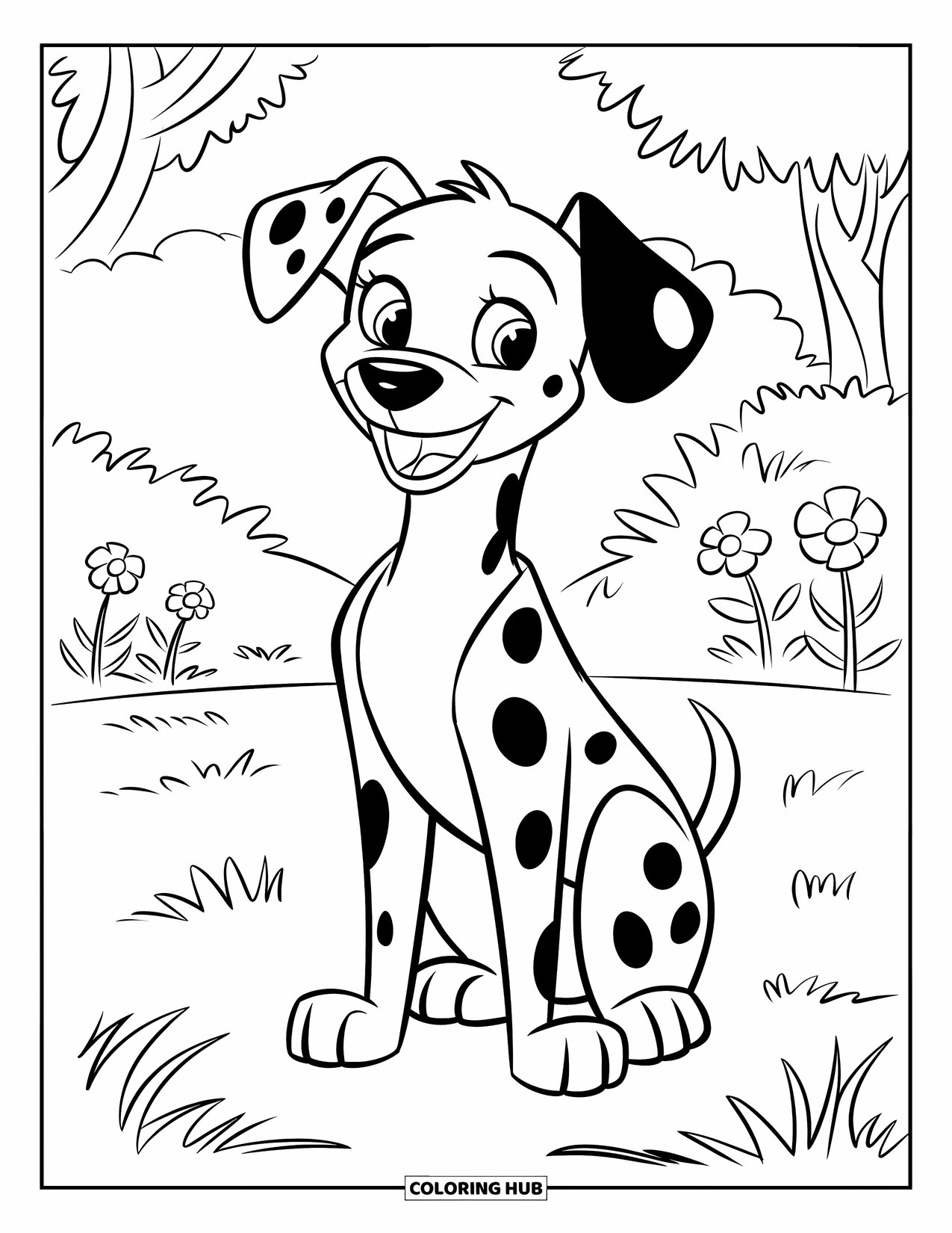 Dalmatian Coloring Page for Kids: A dalmatian with flowers around it sits happily on the grass