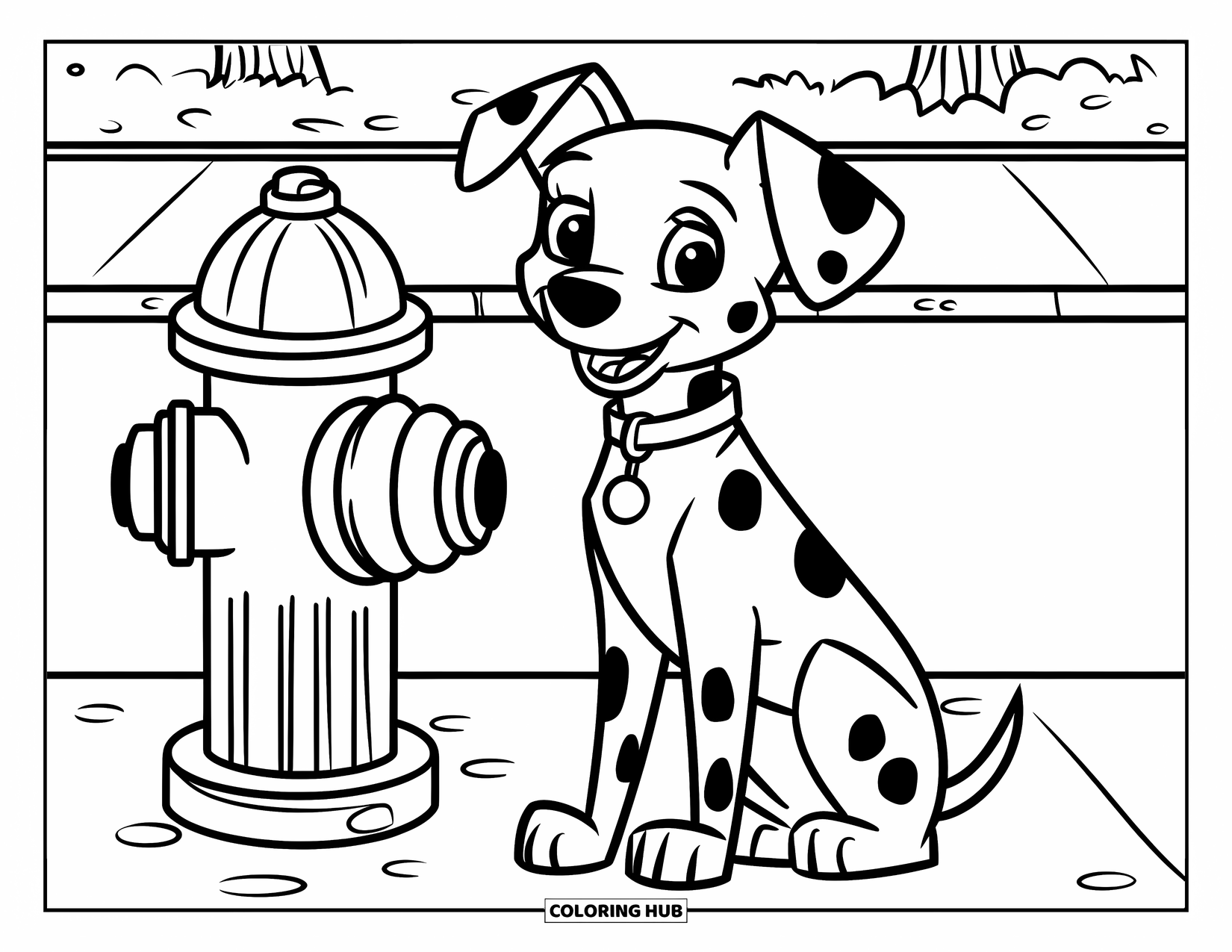 Dalmatian Coloring Page for Kids: A dalmatian with many spots sits beside a red fire hydrant