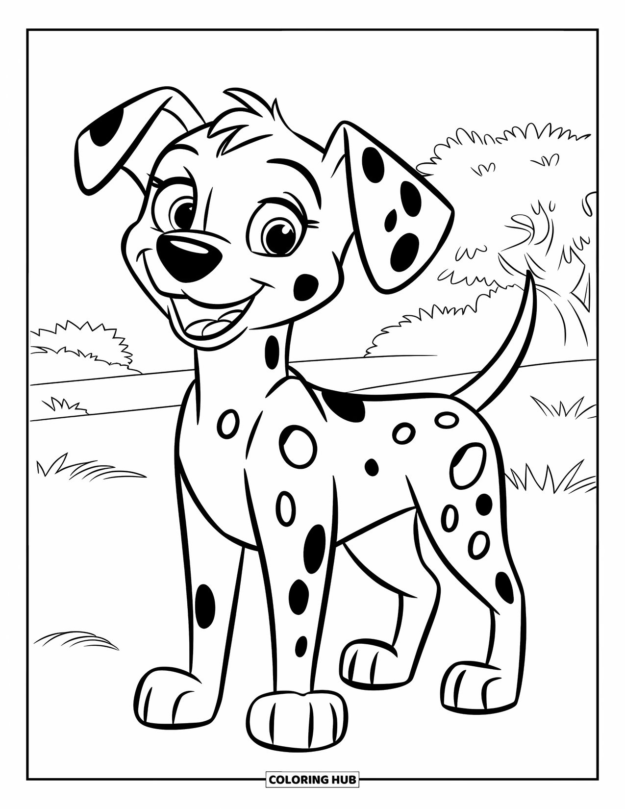 Dalmatian Coloring Page for Kids: A happy dalmatian with spots and a wagging tail stands outdoors