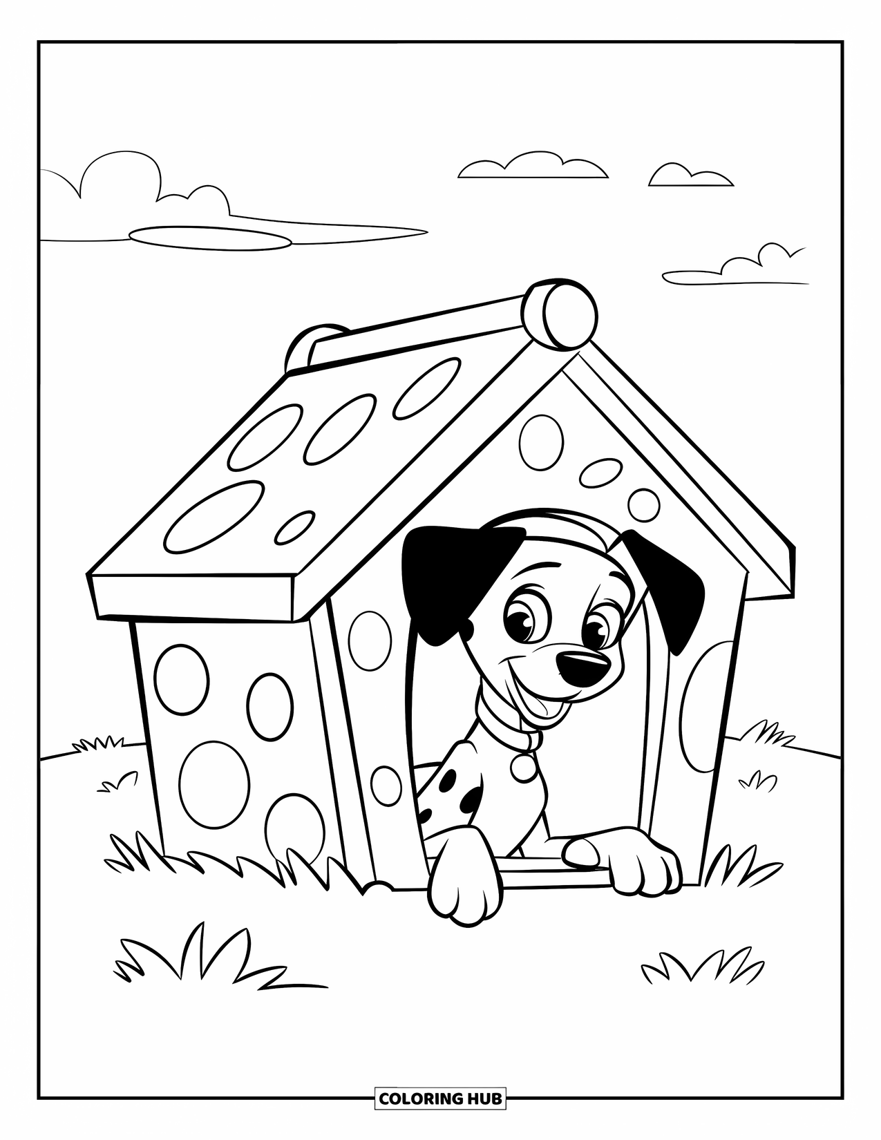 Dalmatian Coloring Page for Kids: A playful dalmatian peeks out of a doghouse under a clear sky