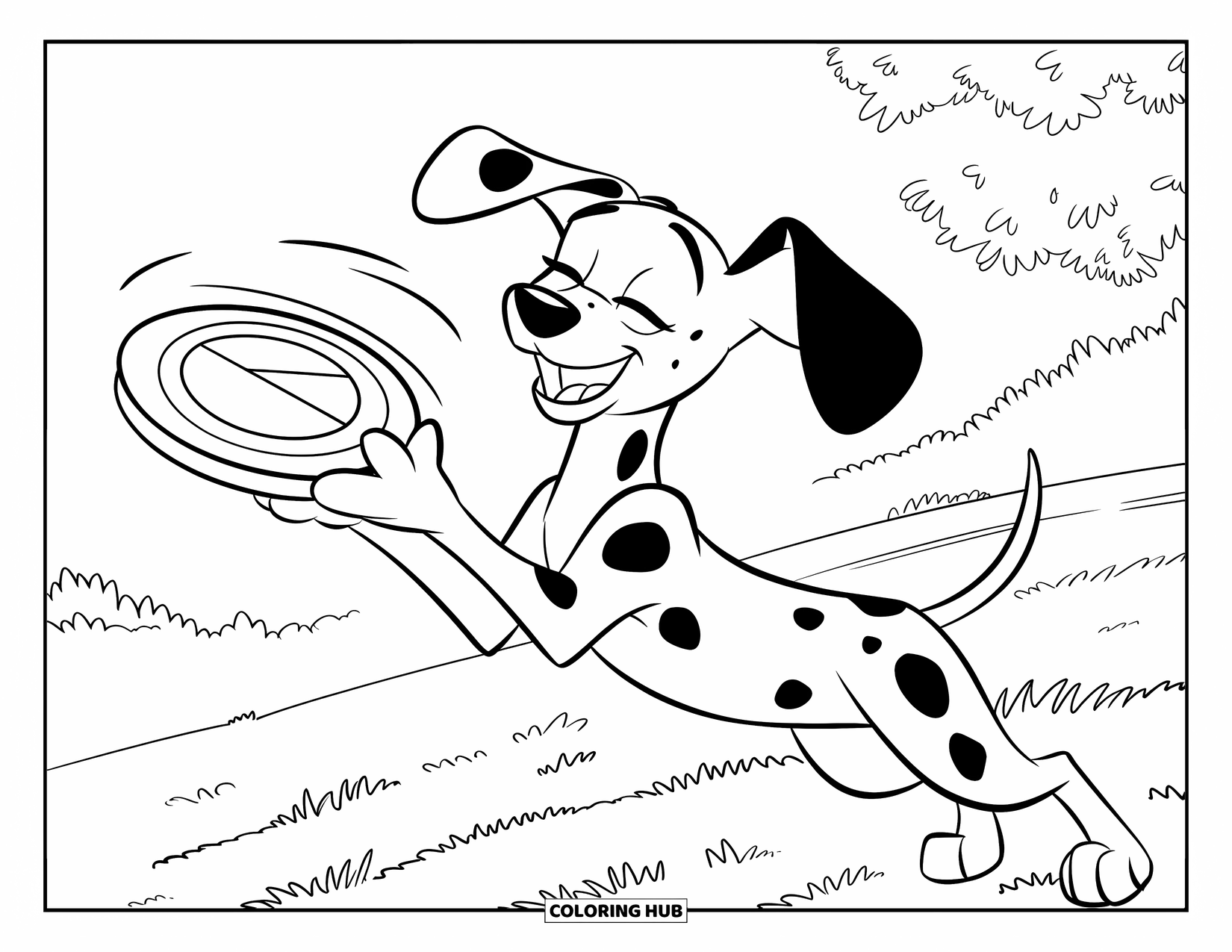 Dalmatian Coloring Page for Kids: A smiling dalmatian catches a patterned frisbee in a green field