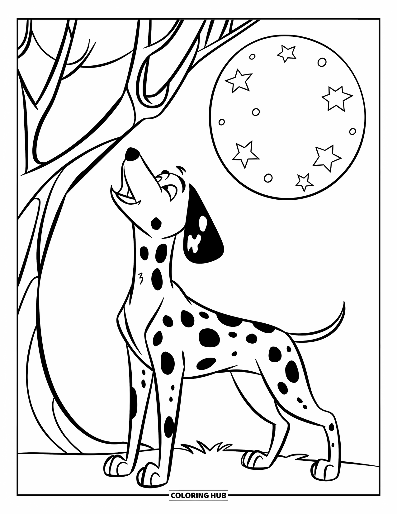 Dalmatian Coloring Page for Kids: A spotted dalmatian howls at the moon under a bare tree