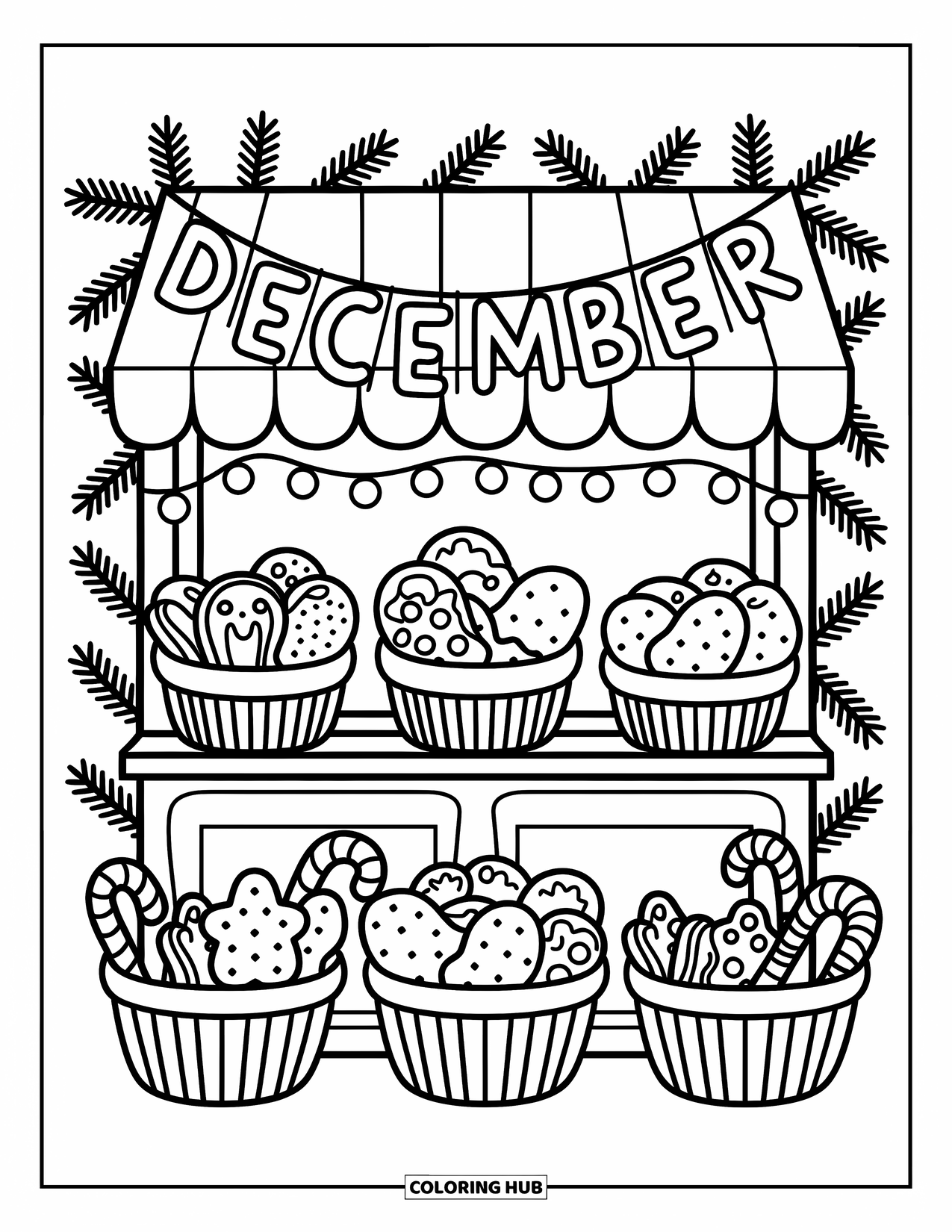 December Coloring Page for Adults: A cozy stall with baskets of treats shines beneath a cheerful "December" bunting