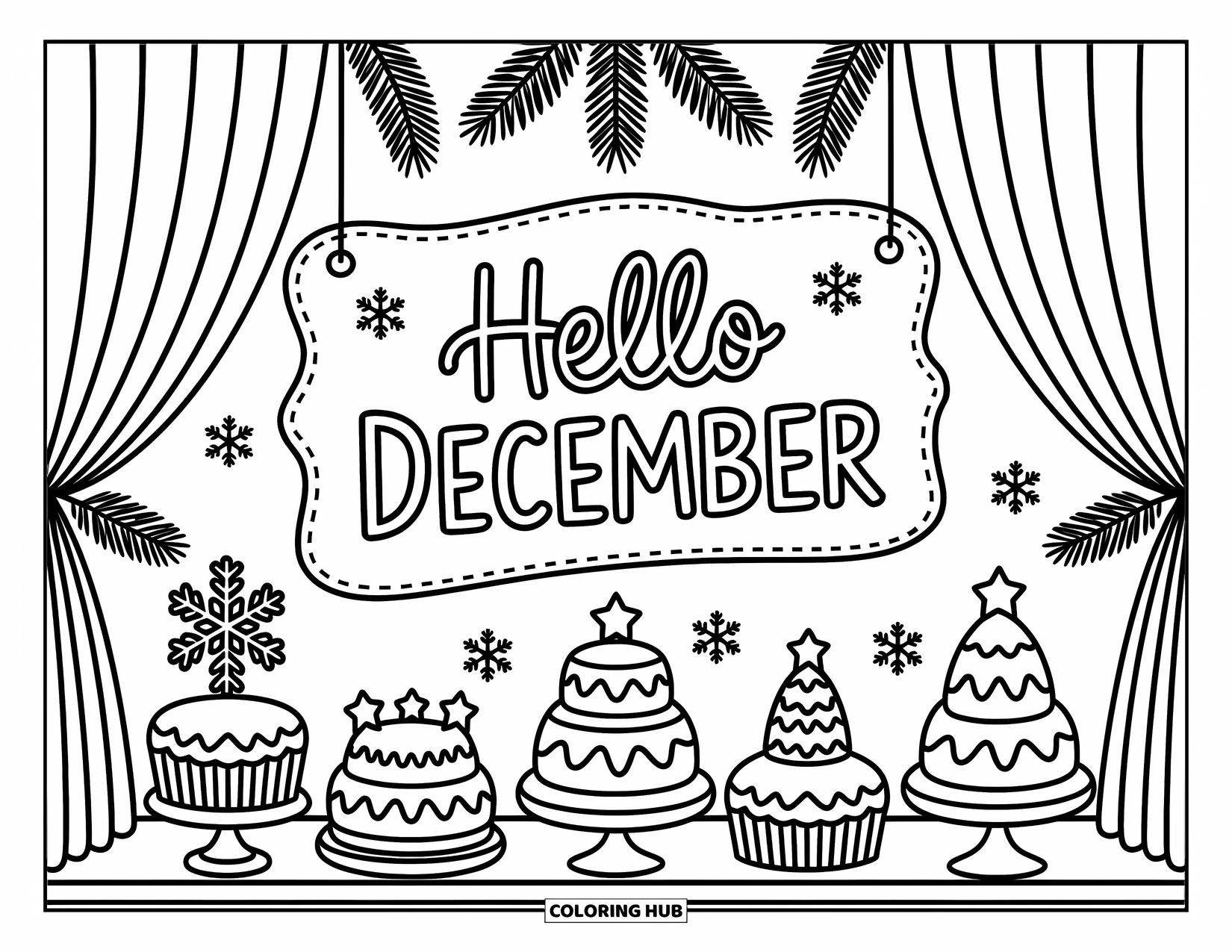 December Coloring Page for Adults: A festive bakery display shows frosted treats and a playful "Hello December" window sign