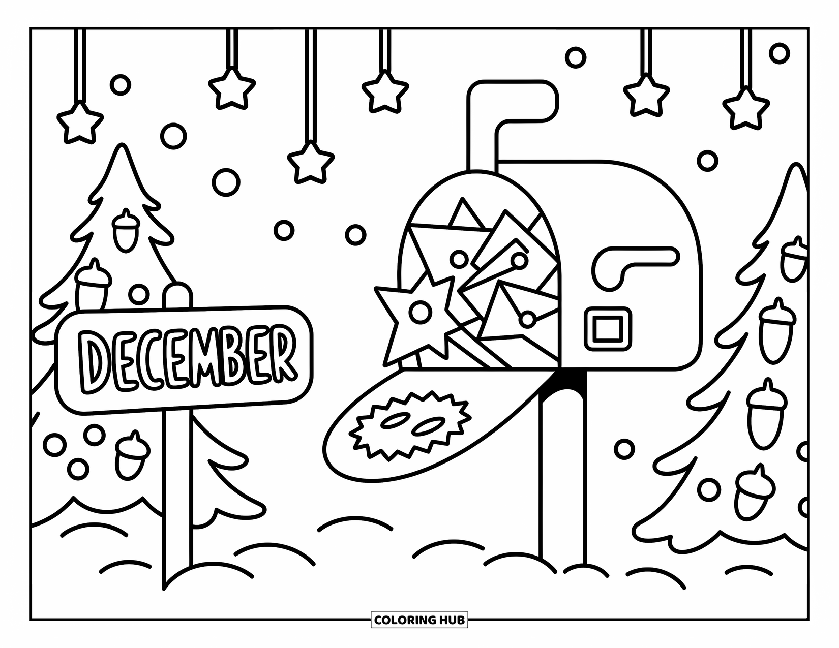 December Coloring Page for Adults: A festive mailbox bursts with letters near a cheerful "December" sign and snowy pine trees